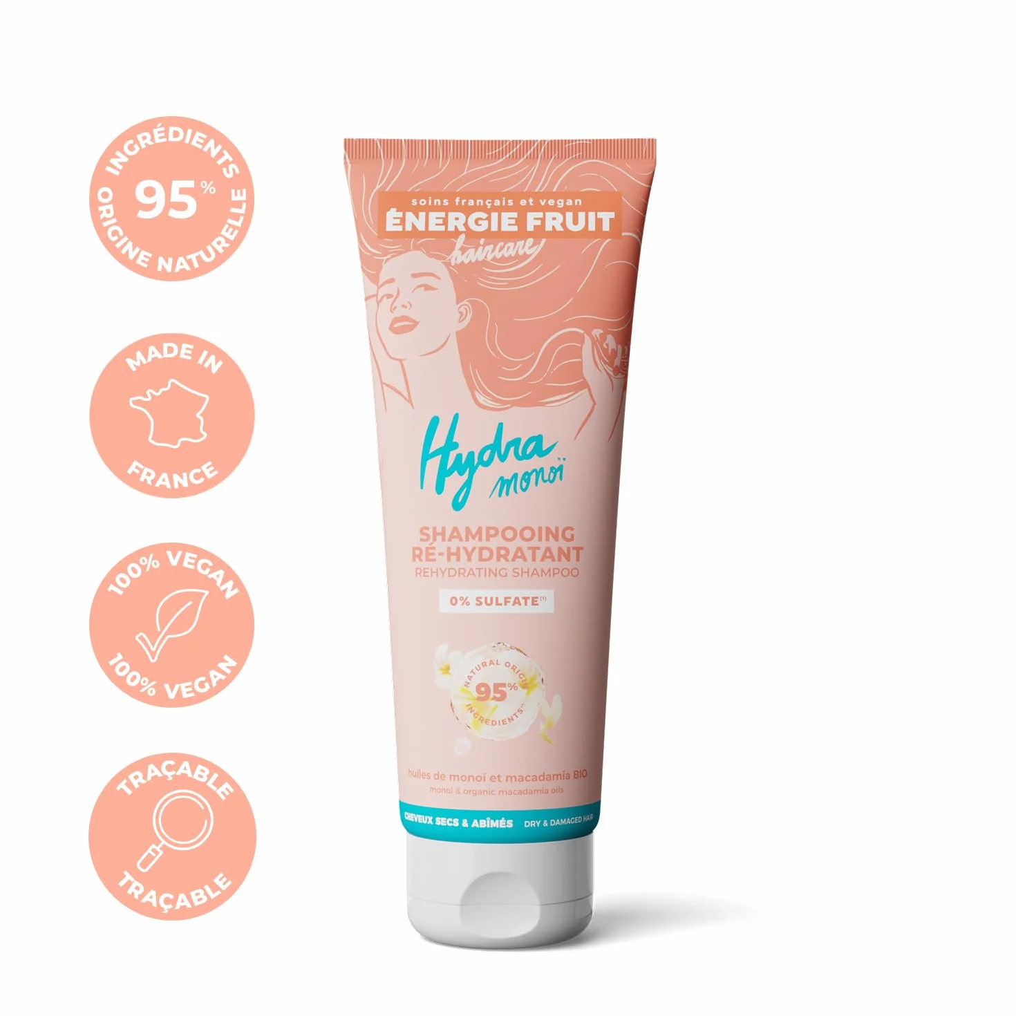 Shampoing sans Sulfate Monoï & Macadamia BIO Cheveux Secs Abimés Vegan 250 ml
