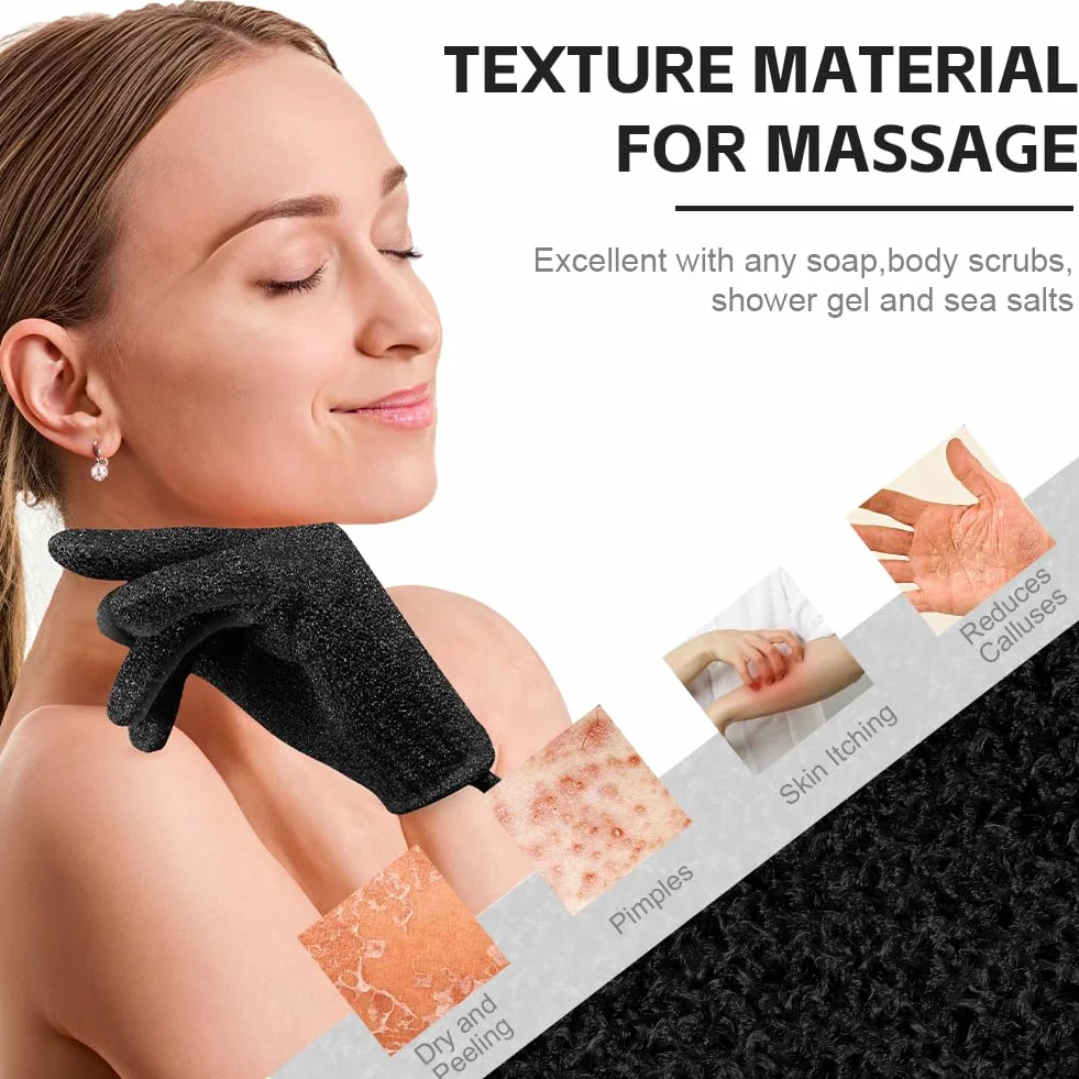 Vicloon Gants Exfoliants Douche 4PCS avec Sangle de Bain - Élimine Peaux Mortes Poils Incarnés Noir