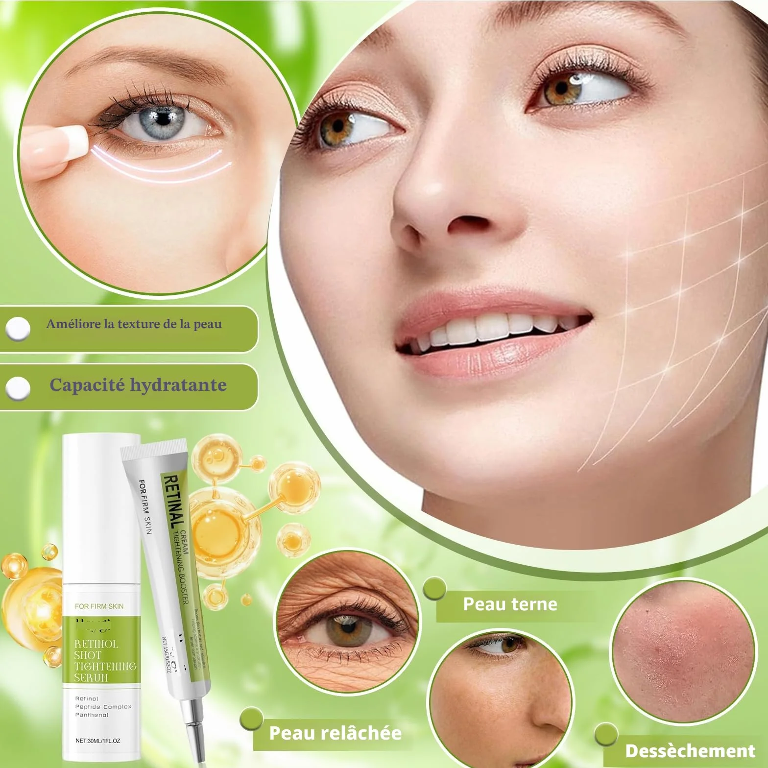 Sérum au Rétinol Raffermissant, 2 Pièces, Rétrécit les Pores, Réduit les Ridules, Convient à Tous les Types de Peau