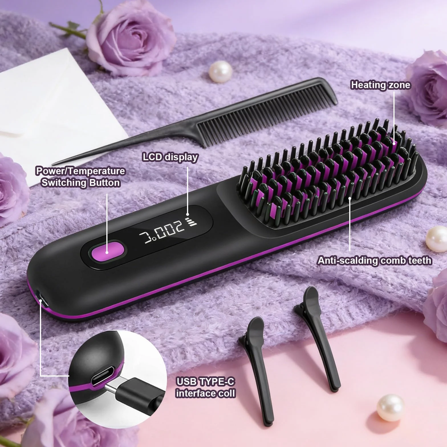 Brosse Lissante Sans Fil 4 en 1, Fer à Lisser Céramique Anti-Brûlure 3 Réglages avec Affichage LED