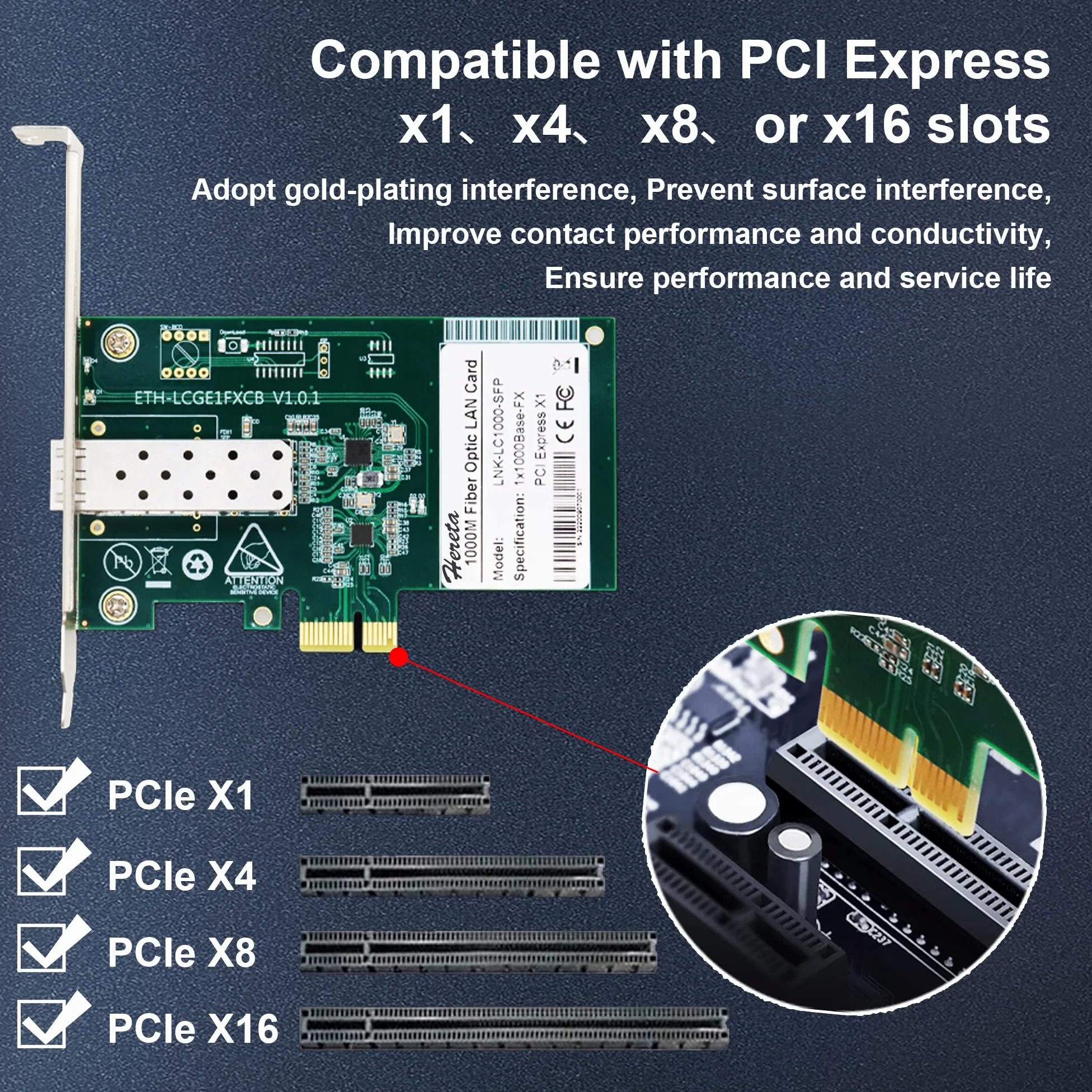 Carte Réseau PCIe, Gigabits Adaptateur Ethernet PCI Express avec 1SFP Port, Compatible avec Windows 11/10/8/7/Vista/XP, Server 2003/2008 R2, Linux