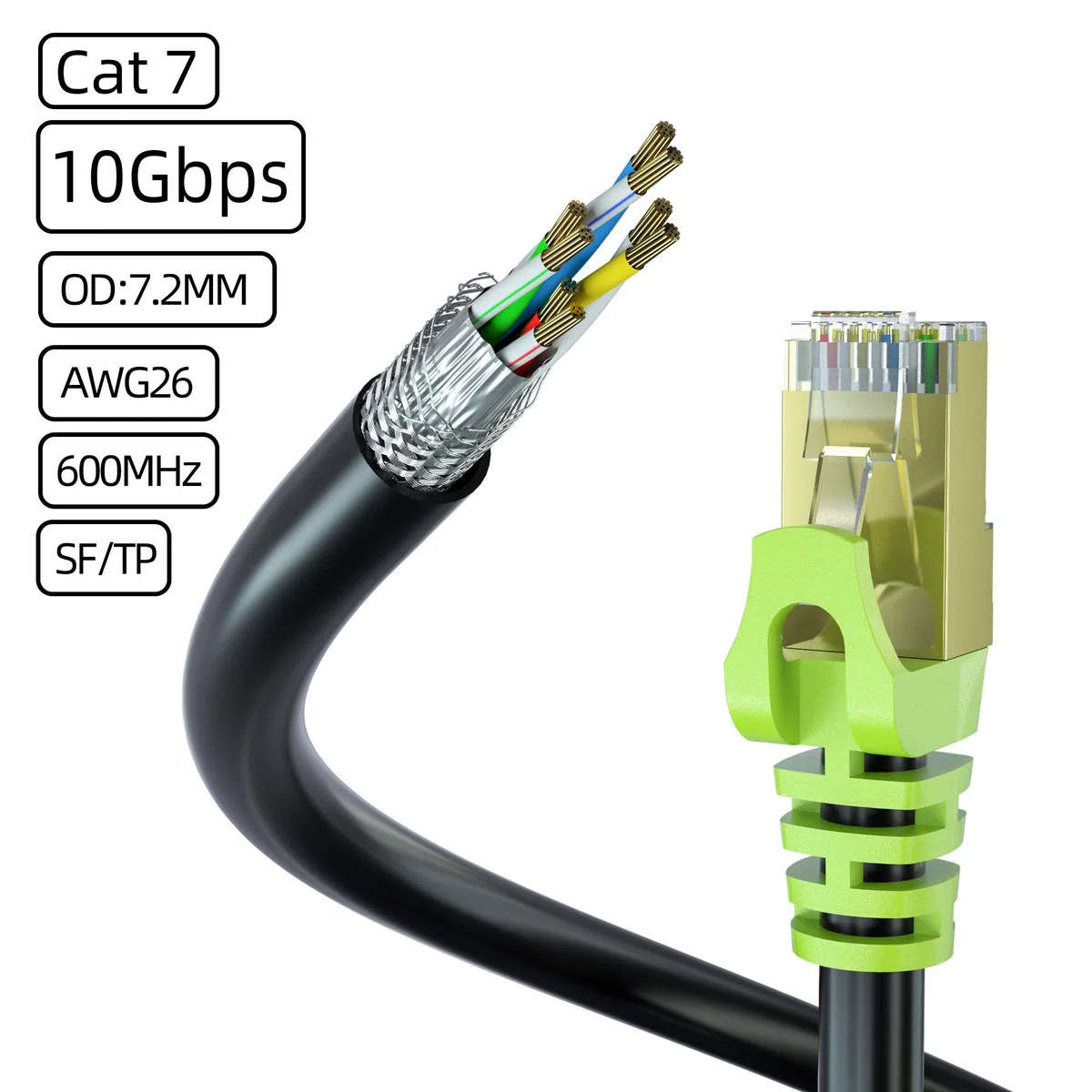 Câble Ethernet Cat. 7 d'extérieur - 106,7 m - 26 AWG - Câble réseau RJ45 - Vitesse de transmission 10 Gbit/s - Bande passante de transmission 600 MHz - Câble LAN SFTP étanche à enfouir directement