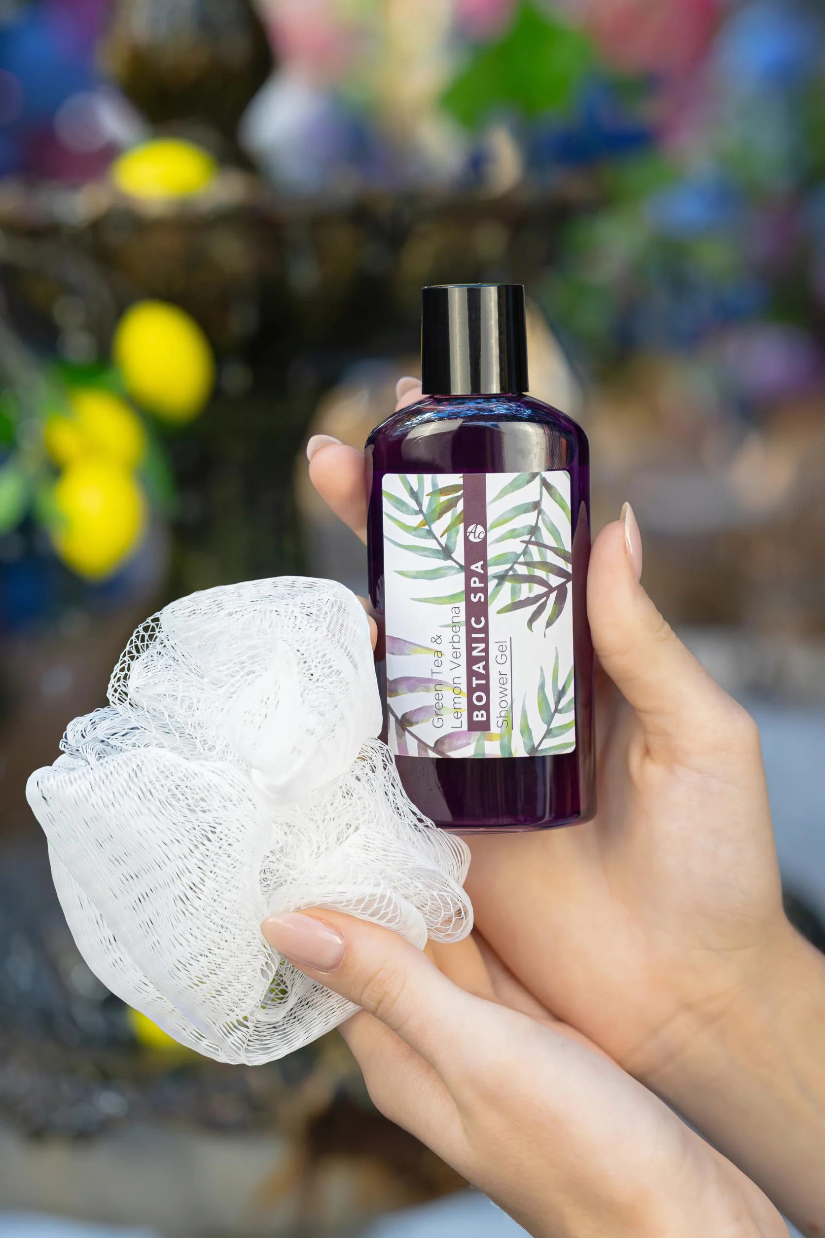 Accentra Set de bain femme Botanic SPA corbeille Kit soins 4 pcs gel douche sel de bain lotion corps éponge maillée