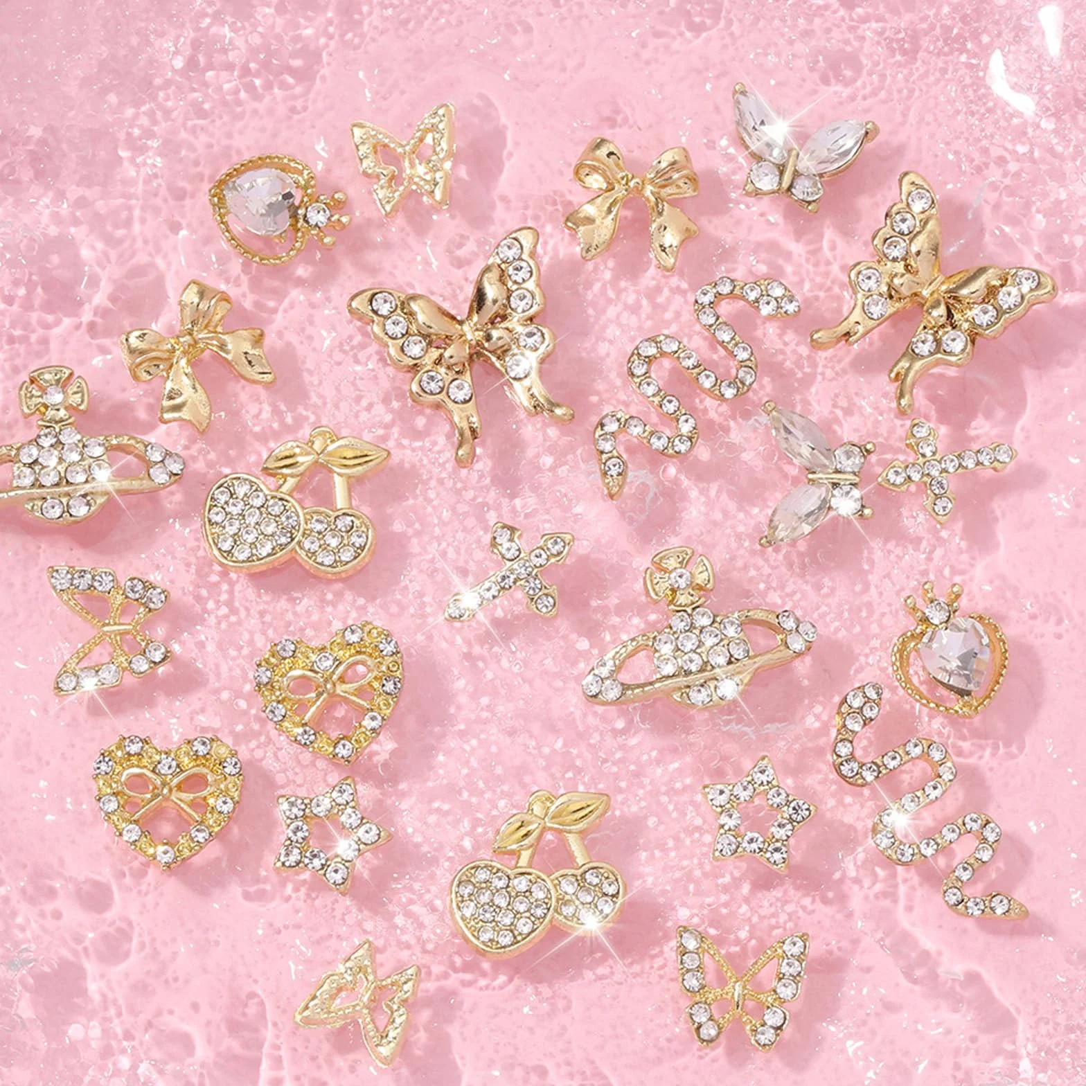 Breloques pour Ongles Y2k, Alliage Coeurs Papillons Noeuds Cerises Strass, Deco Nail Art, 24 PCS