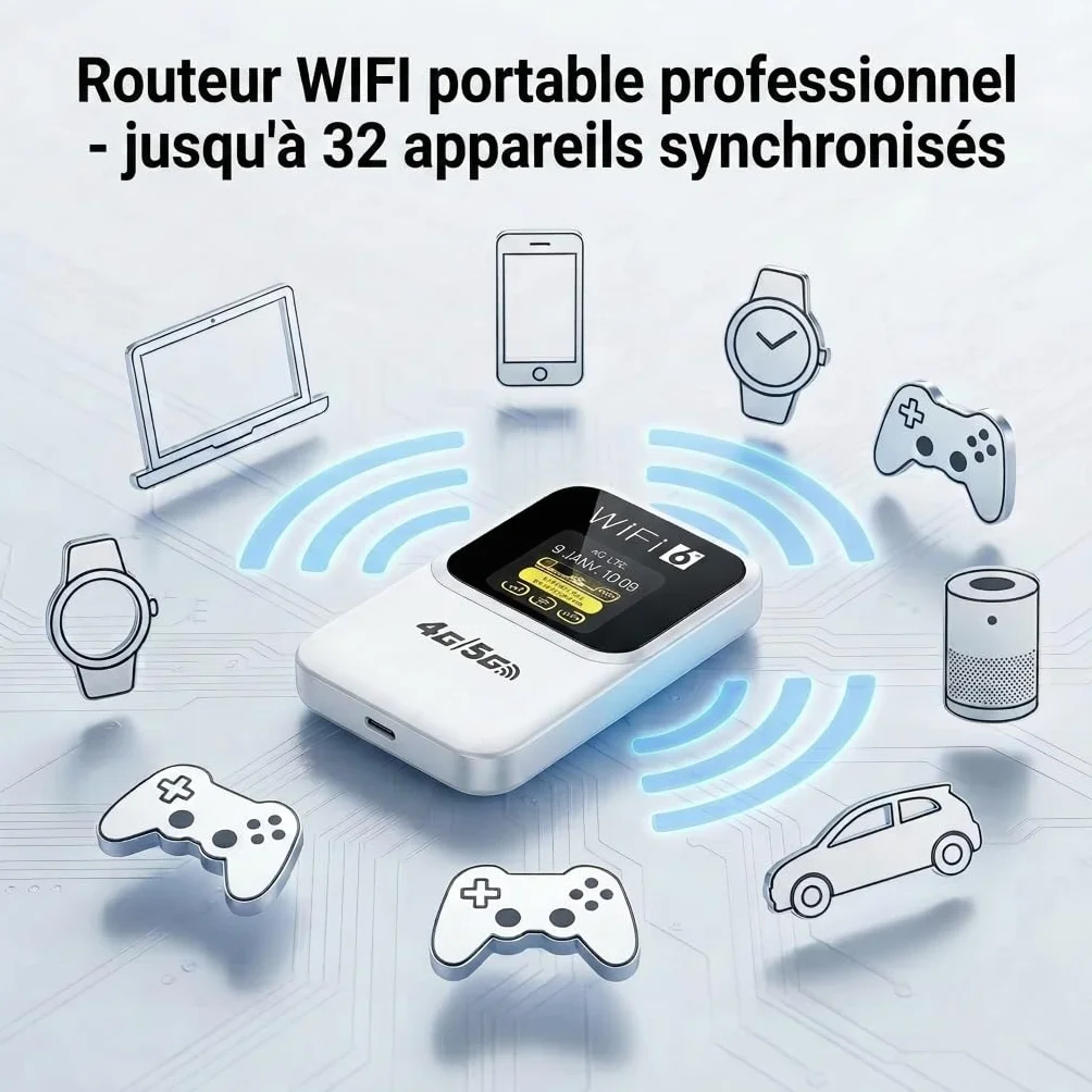 Routeur 5G Portable, SIM Libre, Écran LCD Date, 3000mAh, 32 Appareils | WPA3 sécurisé,Internet nomade 300Mbps WiFi 6,32 appareils,Écran LCD,14h autonomie,USB-C,camping-car,télétravail