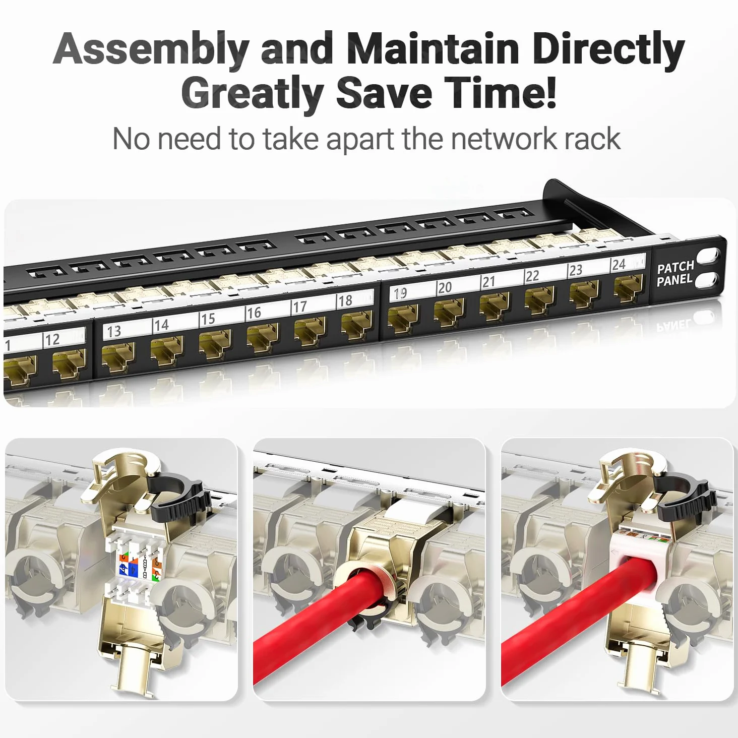 AMPCOM Panneau de brassage Keystone vierge à 24 ports – Demi-U (0,5U) 48,3 cm Montage en rack ou mural Panneau modulaire déchargé avec barre de gestion de câbles arrière en métal pour réseau UTP/STP