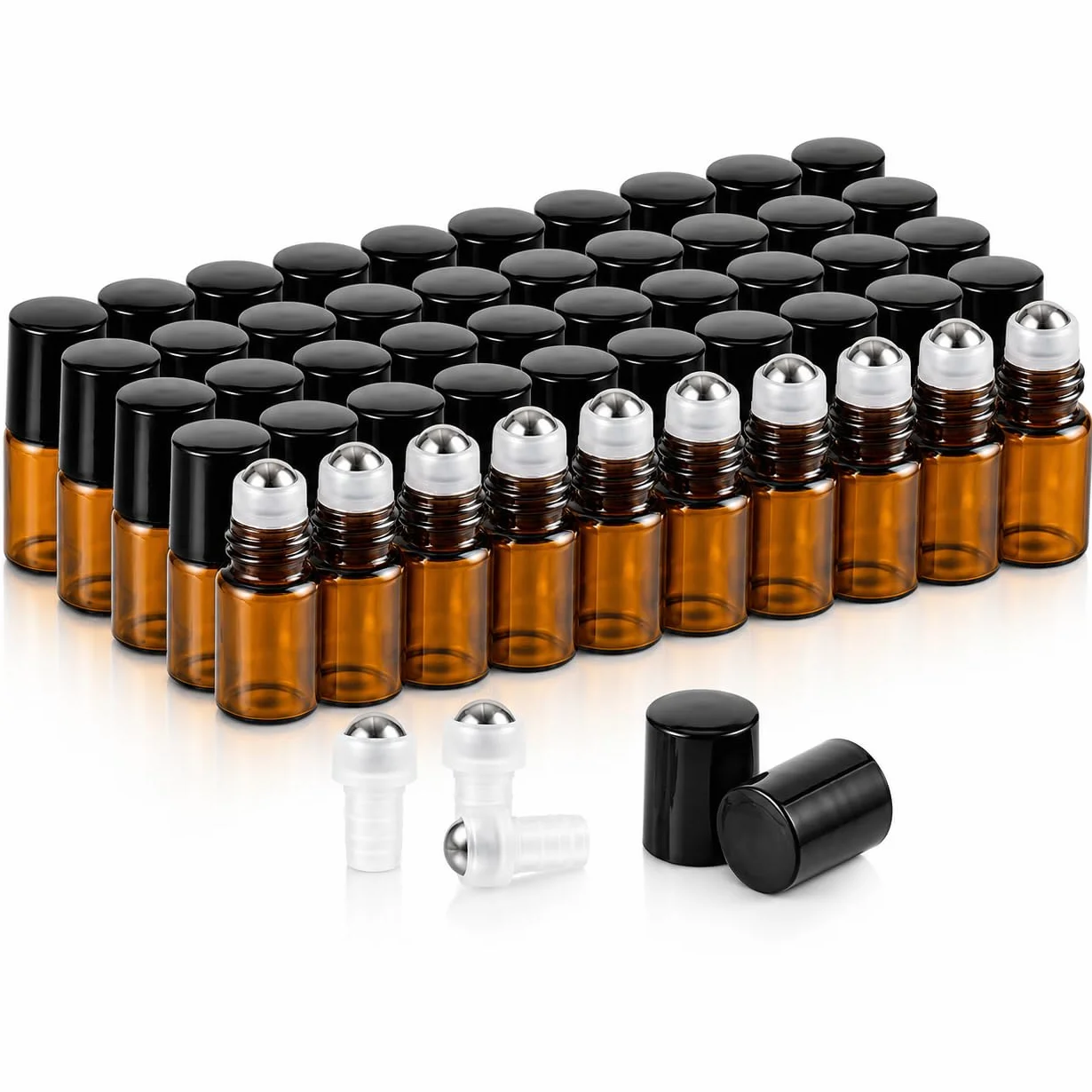 CYEER Lot de 50 Flacons Roll-on en Verre Ambré 2ml - Mini Bouteilles à Huiles Essentielles avec Billes en Acier Inoxydable