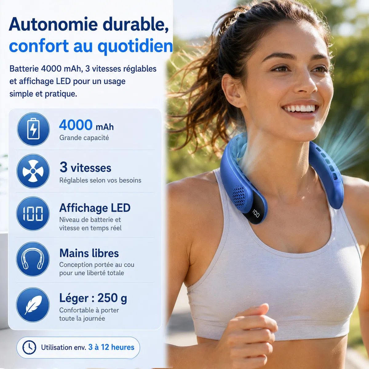 Ventlateur de cou 4000 mAh ventilateur portable 3 vitesses affichage LED 360 degres cooling ventilateur de nuque 50DB faible bruit