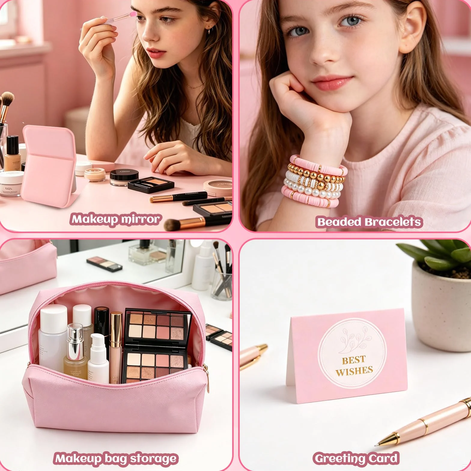 Coffret Cadeau Anniversaire Fille Tasse en Verre avec Couvercle et Paille Maquillage Trousse Cosmétique Bracelet Hairband Miroir