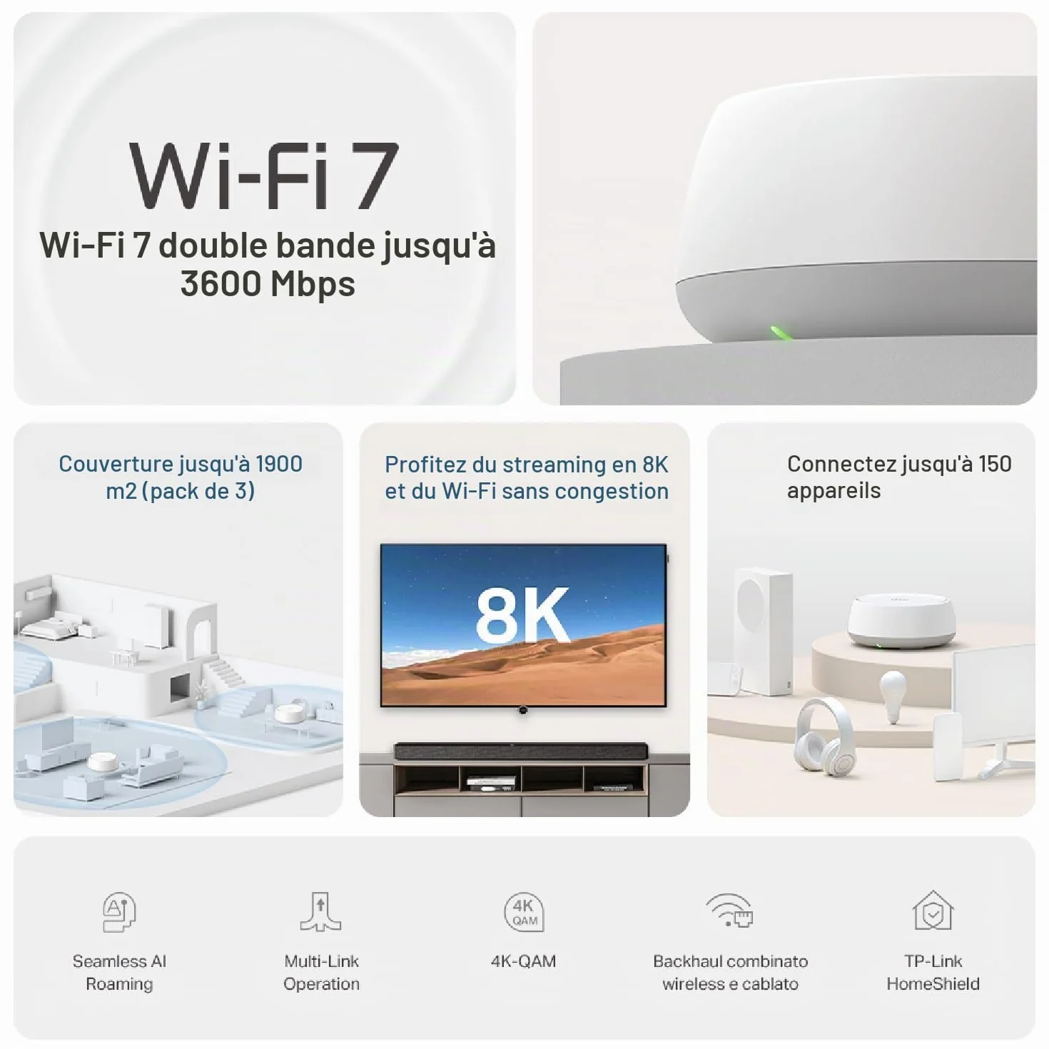 TP-Link Deco BE3600 WiFi 7 Mesh BE3600 (3-Pack) Bi-Bande, Port Ethernet 1.0 Gbps, MLO, WPA3