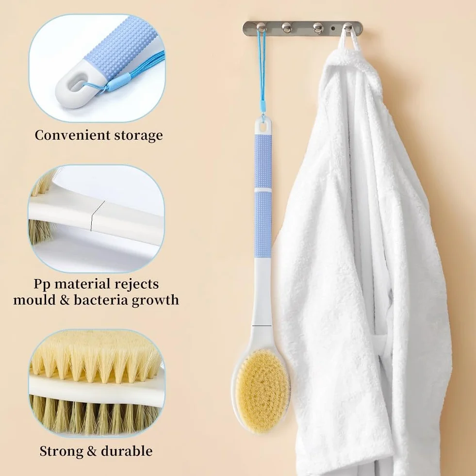 HORJOR Brosse de Bain Douche Long Manche 44cm, Brossage Dos Humide ou Sec, Brosse Corps, Exfoliation douce