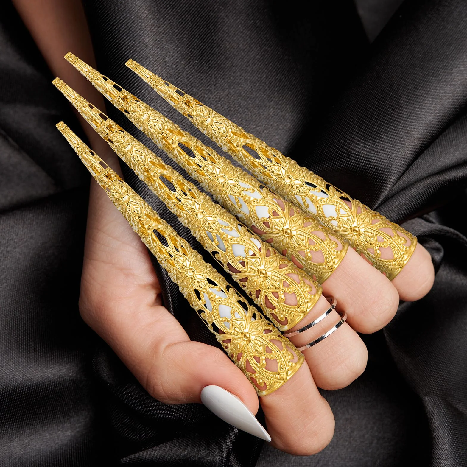 10 Pièces Doigt Ongle Griffe Anneaux Halloween Cosplay Métallique Faux Ongle Longs Costume Déguisement Doré Ancienne Reine