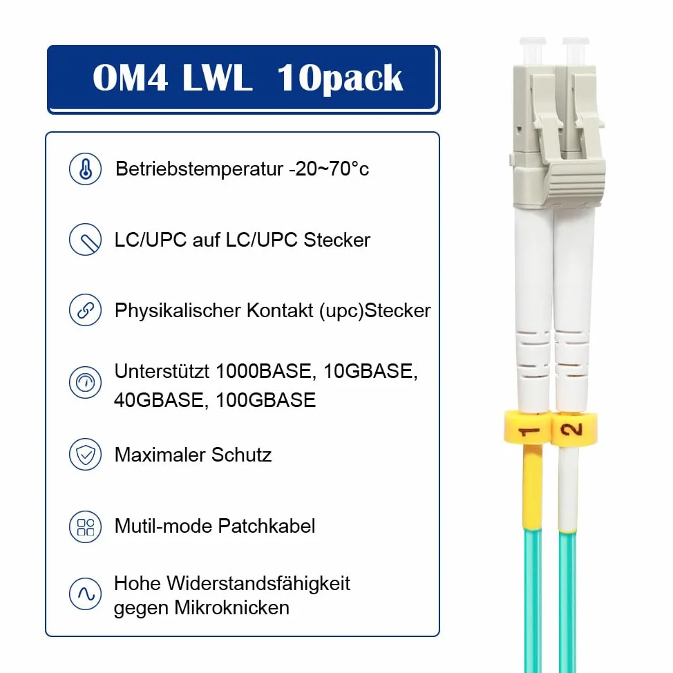 3M Lot de 10 câbles patch à fibre optique OM4 LC vers LC | Options de longueur : 0,2 m à 100 m, 40 Go/100 Go LC-LC 50/125 um multimode LSZH