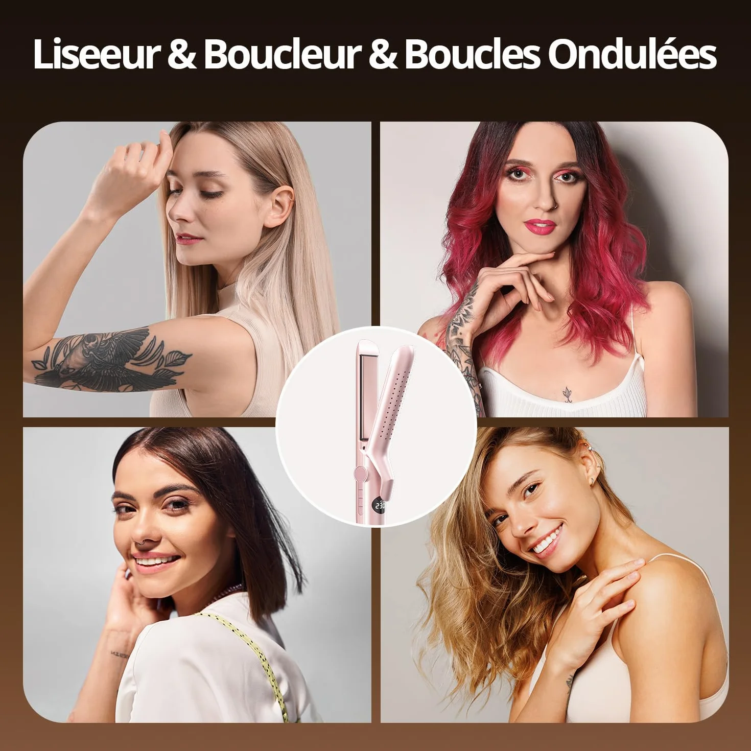 CrazyMar Lisseur à Air Froid et Boucleur Ionique 2-en-1 9 Températures 110℃-230℃ pour Cheveux Bouclés Lisses Appareil de Coiffure Rose