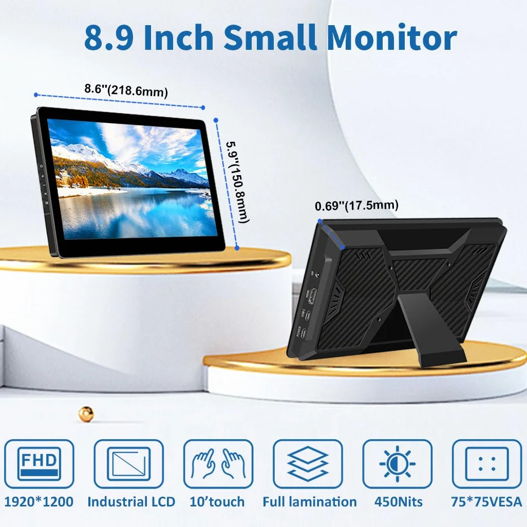 Portable écran Tactile,Moniteur Portable 8.9'' | 1920 x 1200 | 16:10 | 450 Nits | Collage Optique | HDMI/USB-C Mini écran pour Raspberry PI PC/Mac/Game consloe
