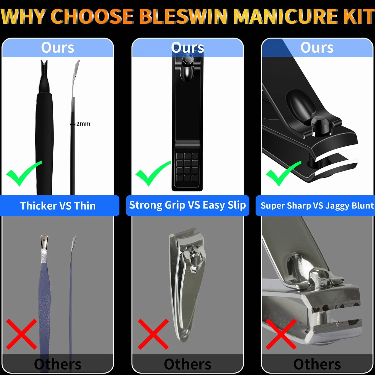 Kit Manucure Pédicure Acier Inoxydable 16 Pinces à Ongles Professionnel avec Étui Voyage Cuir Noir