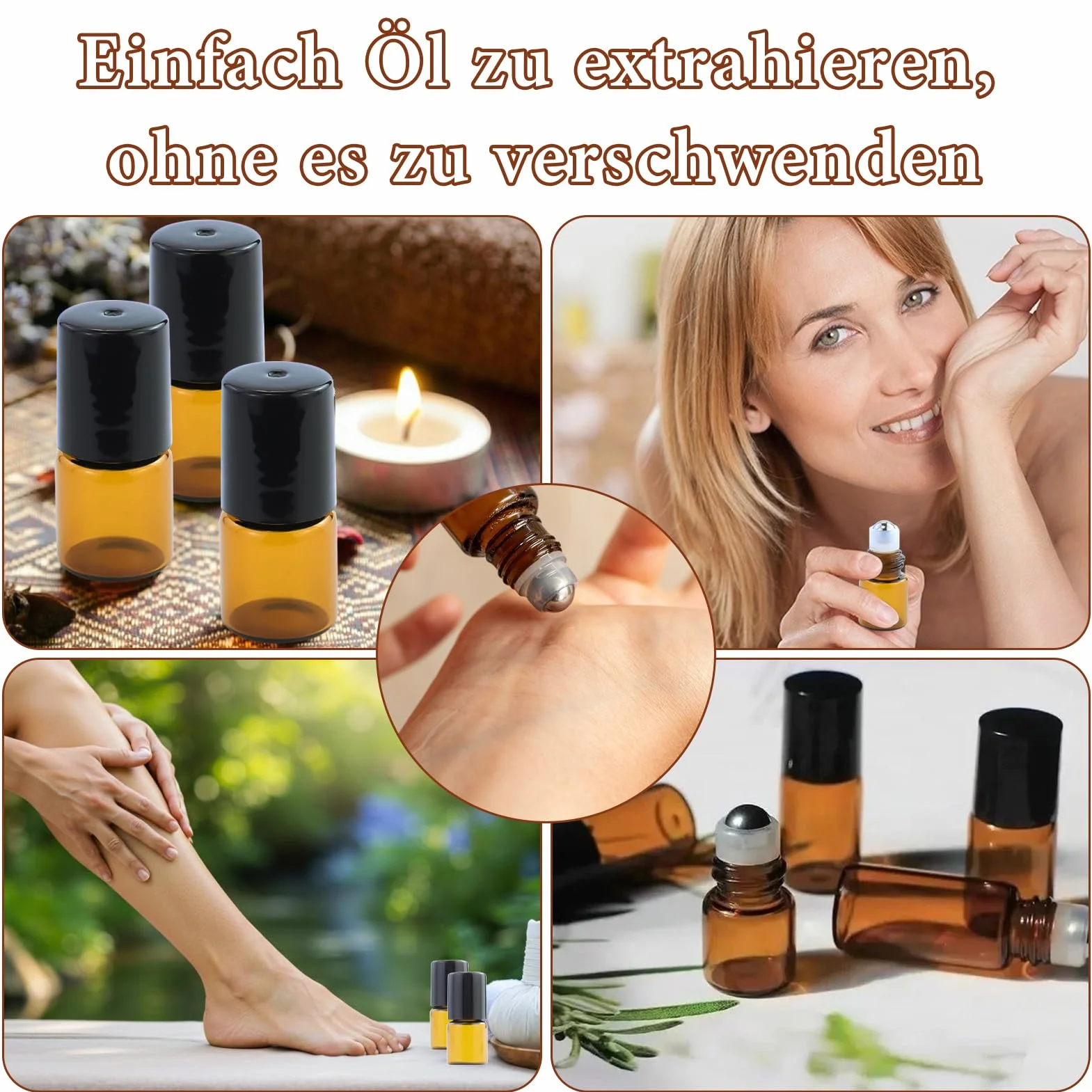 Mini Rouleaux de Verre Brun 52 Pièces 2ml Bouteilles avec Bille en Acier Inoxydable pour Huiles Aromathérapie