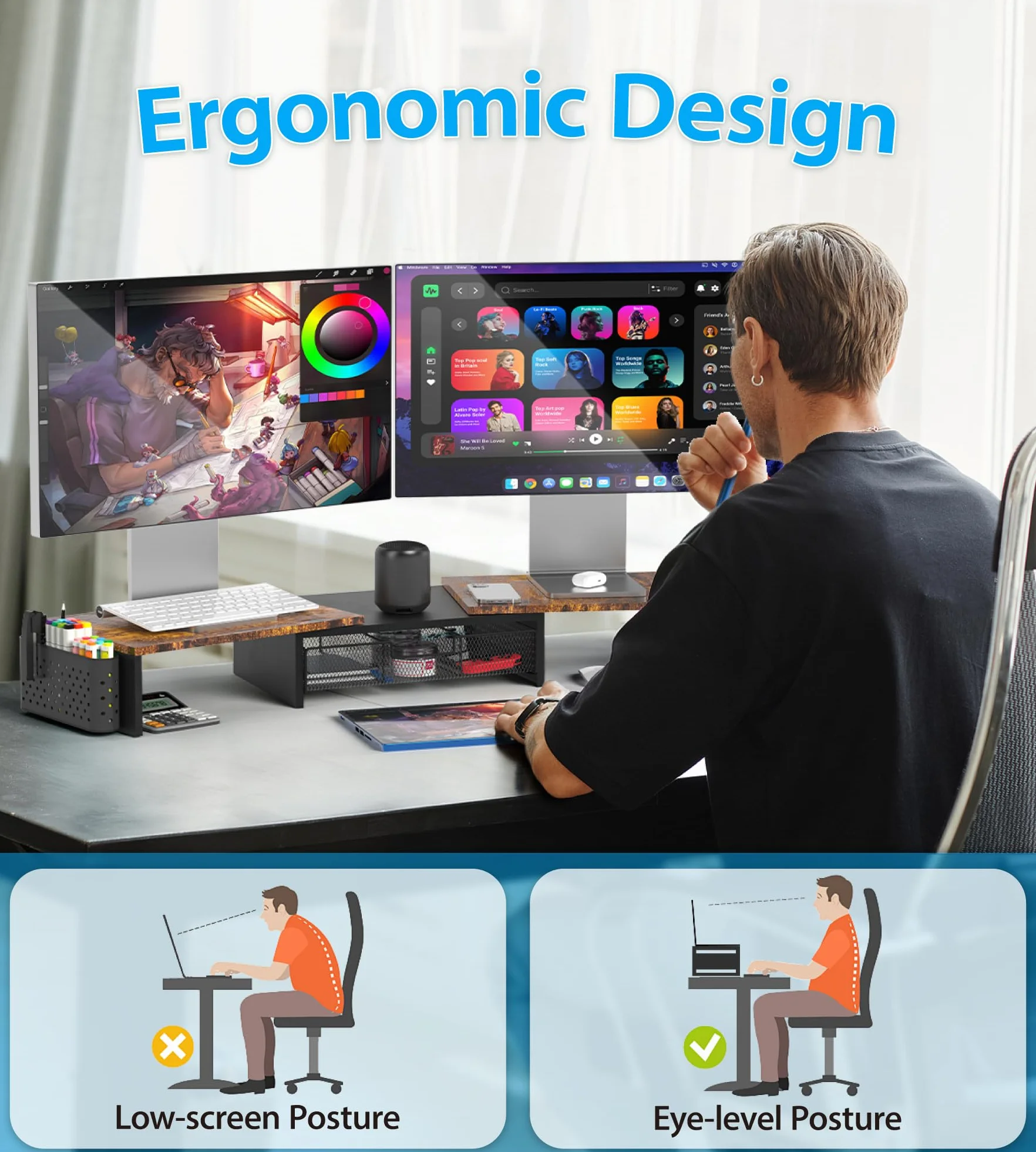 MOWETOO Support Double Moniteur Réglable en Bois avec Tiroir et Porte-Stylos, Rangement Multifonction