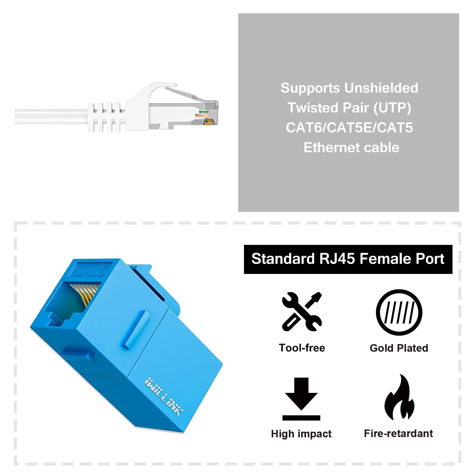 iwillink Lot de 25 coupleurs Keystone RJ45 Cat6 femelle vers femelle Cat6, coupleur Keystone UTP, prise Keystone, coupleur Ethernet, bleu