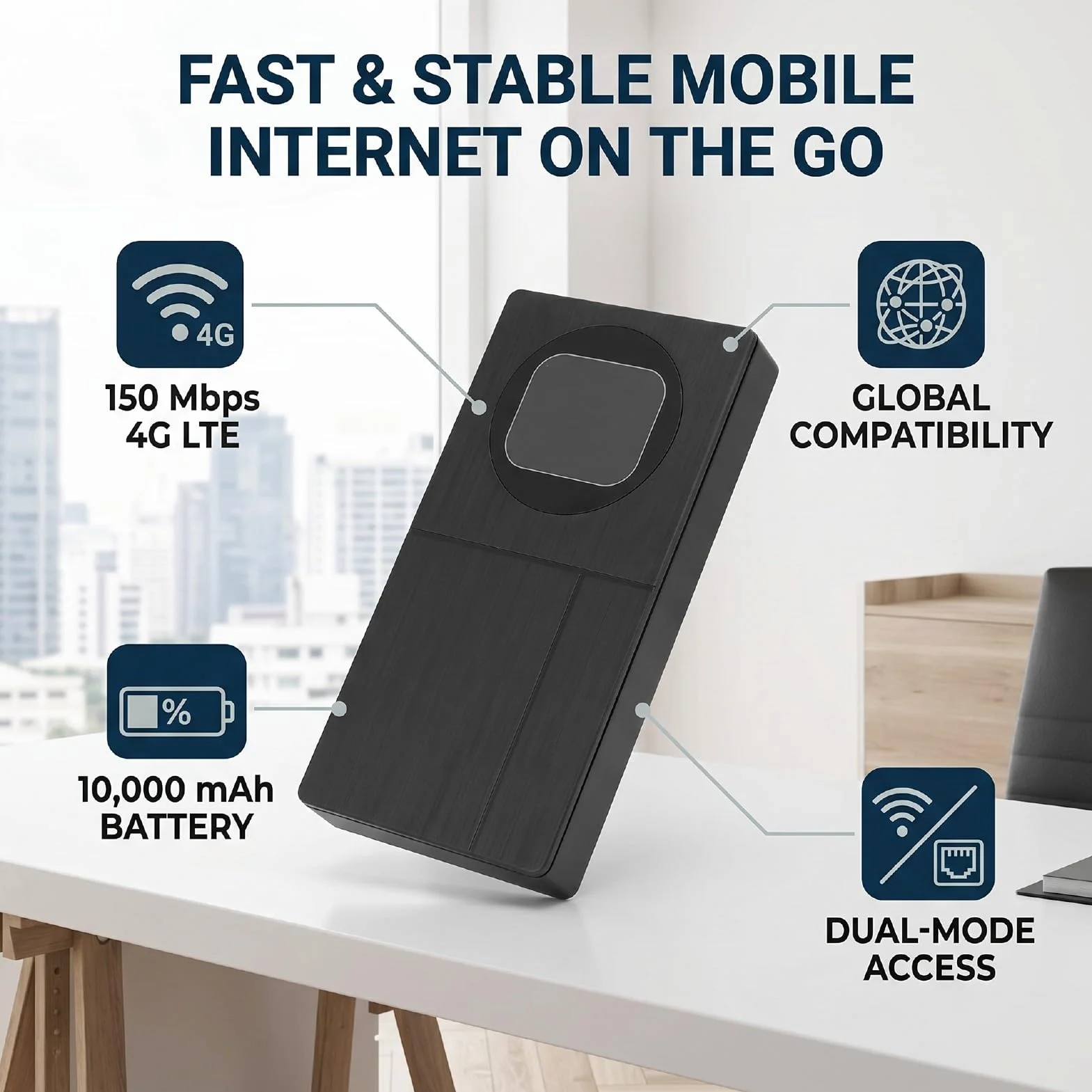 Routeur WiFi 4G LTE Portable, Point D’accès Mobile 150 Mbps 10000 MAh avec Emplacement pour Carte SIM Port Ethernet, for Voyage Affaires Extérieur