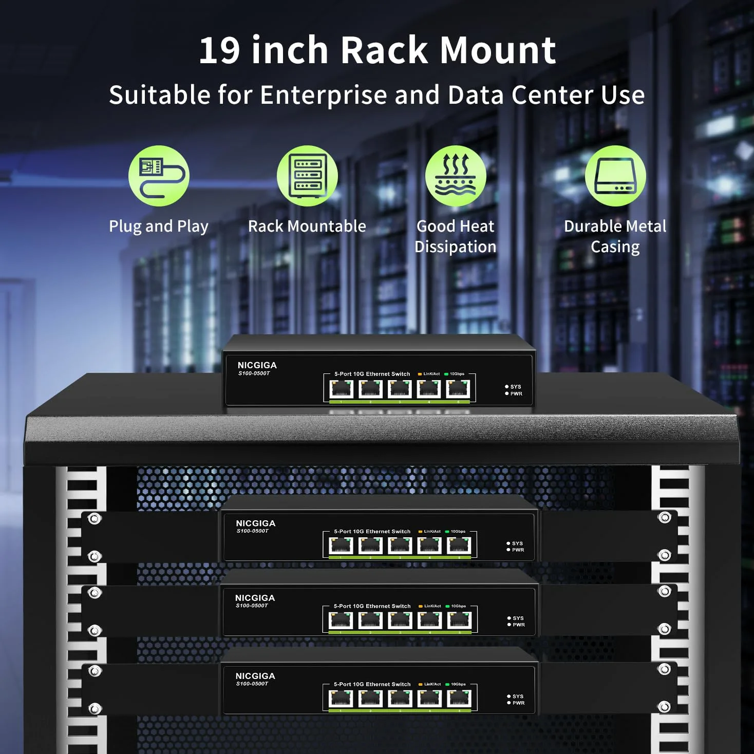 5 Port 10G Ethernet Switch Unmanaged,with 5X 10Gb Base-T RJ45 Ports, NICGIGA 10Gbps Network Switch Easy for 10Gbps NAS,PC,WiFi7 Router,10G Adapter/NIC. Desktop Or 19-inch Rack Mount, Plug and Play.