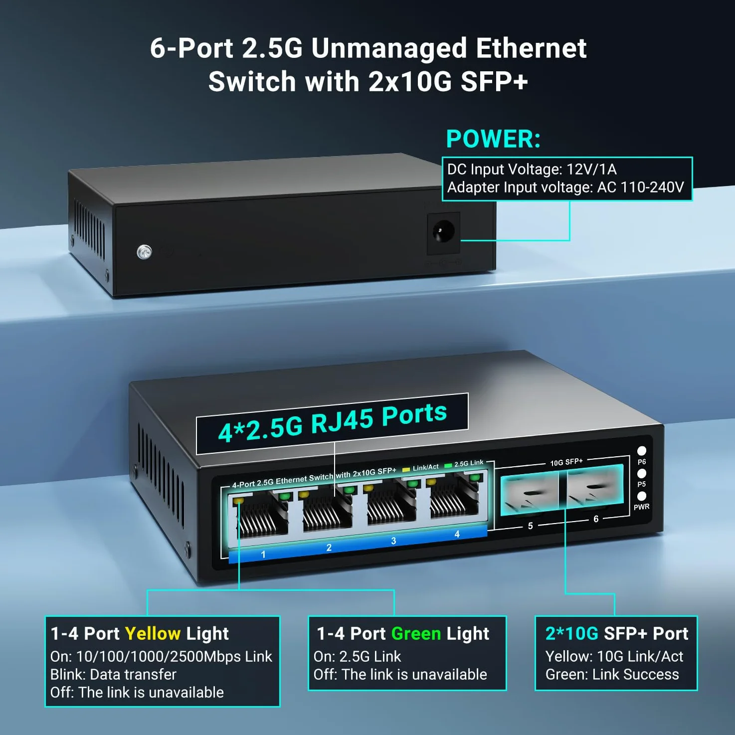 Switch Ethernet Non géré à 6 Ports de 2.5Go avec 4 Ports Base-T 2.5G, 2 Ports SFP+ 10G. Switch réseau GiGaPlus 2.5 Gbit/s pour NAS/PC 2.5Gbit/s, routeur WiFi6, Point d'accès sans Fil, Plug and Play