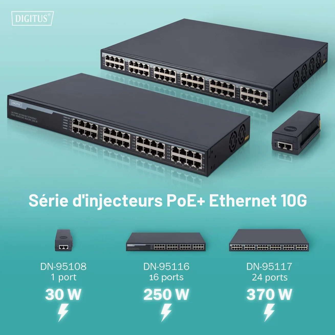 DIGITUS PoE+ Injecteur - 24 ports - IEEE802.3at - 10 Gbit/s - rack 19 pouces - 370 Watt total - jusqu'à 30 Watt/port