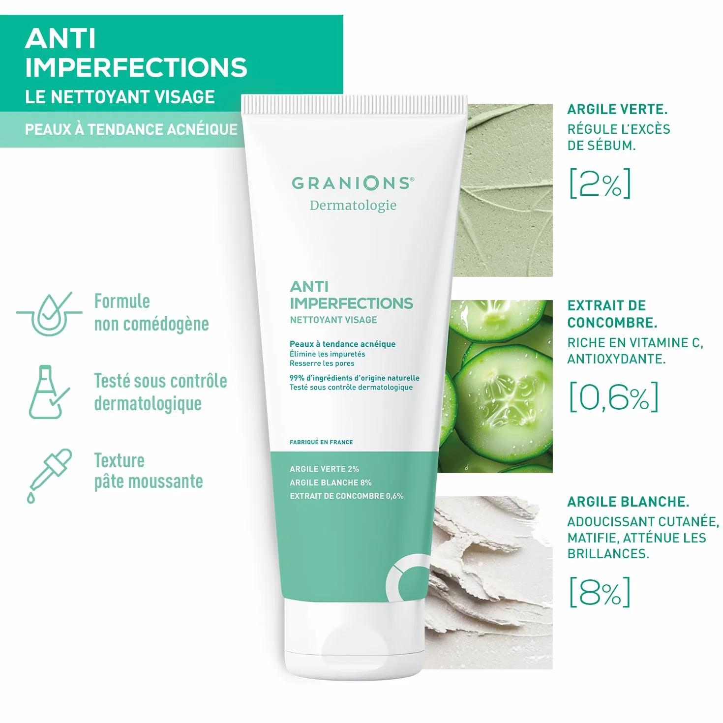 GRANIONS Nettoyant Visage Anti Imperfections 150g - Argile Verte, Argile Blanche, Vitamine C