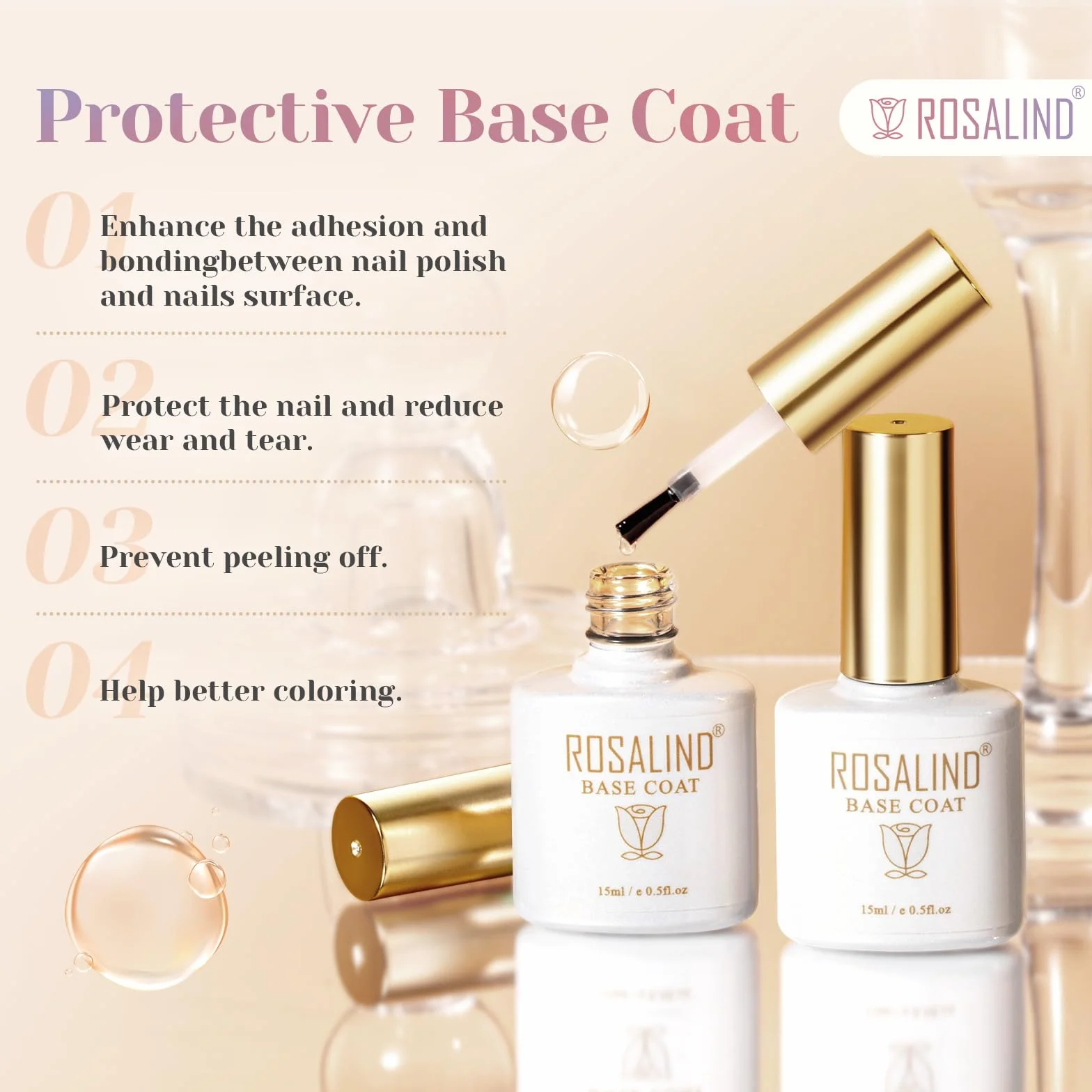 ROSALIND Base Coat Vernis Semi Permanent 15ml UV LED Soak Off Gel Polish