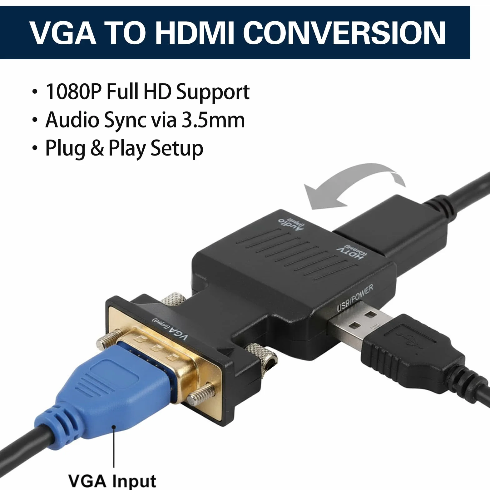 Adaptateur VGA vers HDMI Audio 1080P Convertisseur Mâle Femelle Jack 3.5mm Câble USB