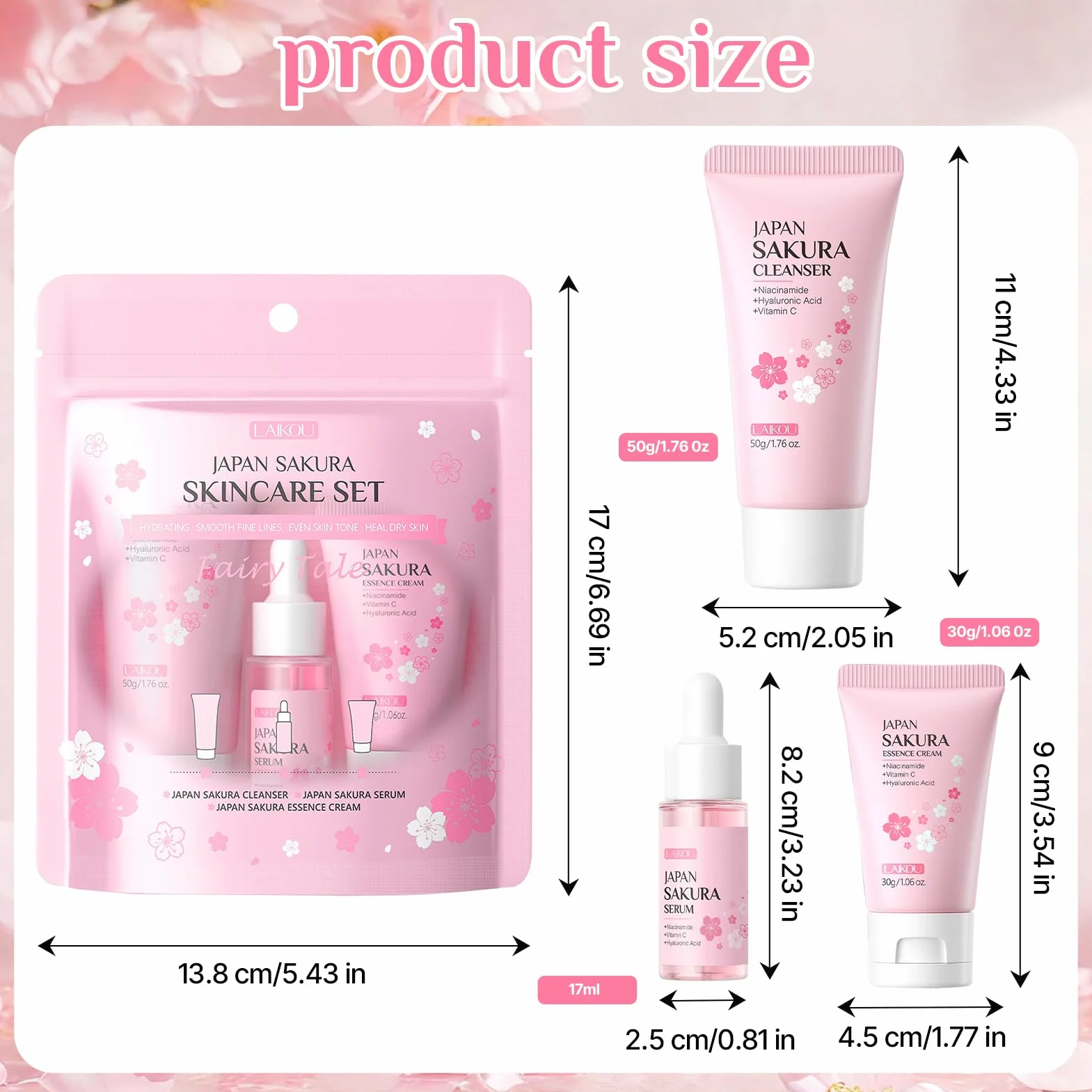 Sakura Ensemble de Soins de la Peau, Trousse de Voyage avec Crème Nettoyante, Toner, Sérum, Set Hydratant