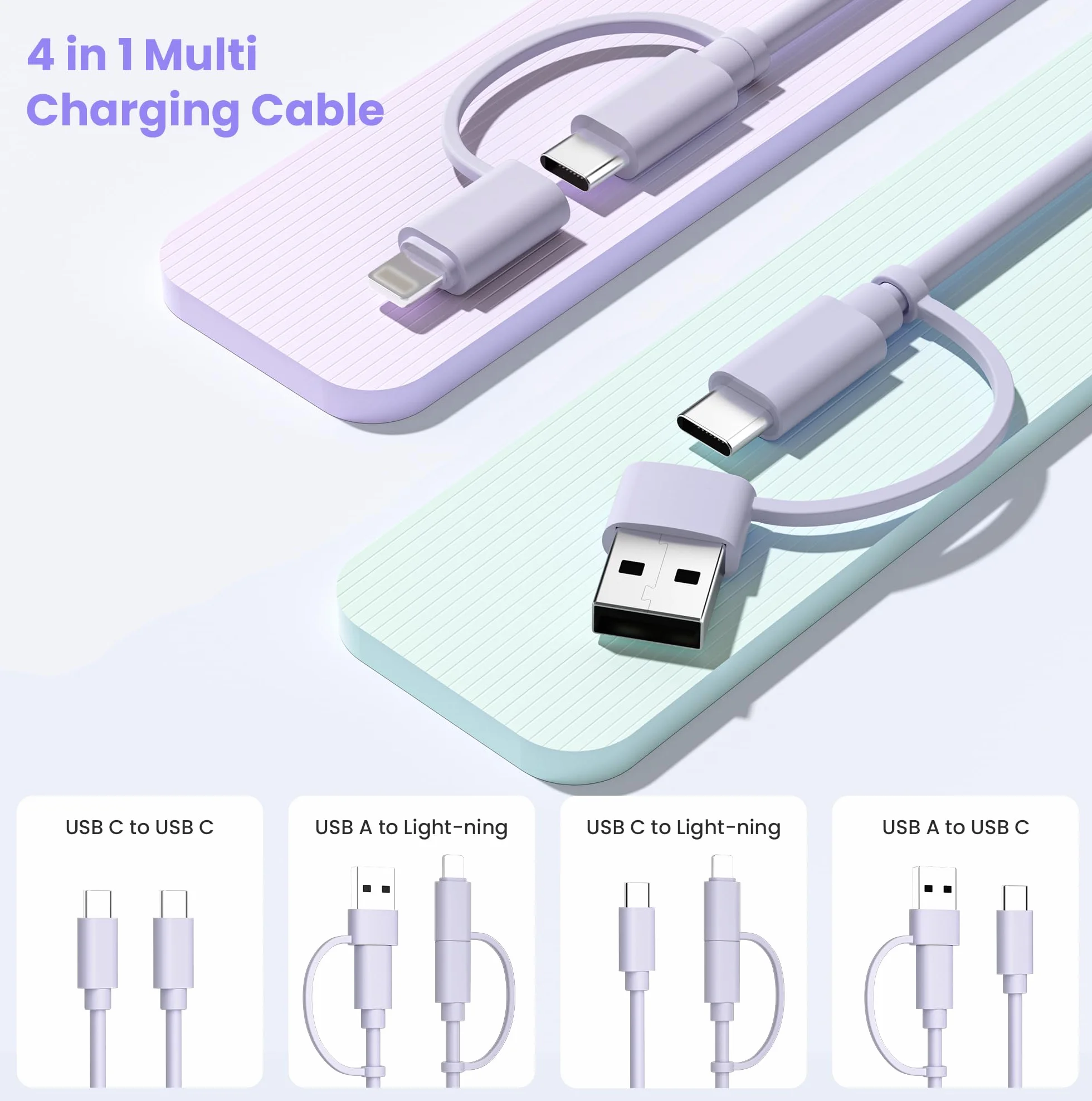 Elebase Câble de Charge USB C pour iPhone 17, Câble 4-en-1 Multiple 2M avec Adaptateurs USB A et Lightning, Cordon de Charge 60W USB-C