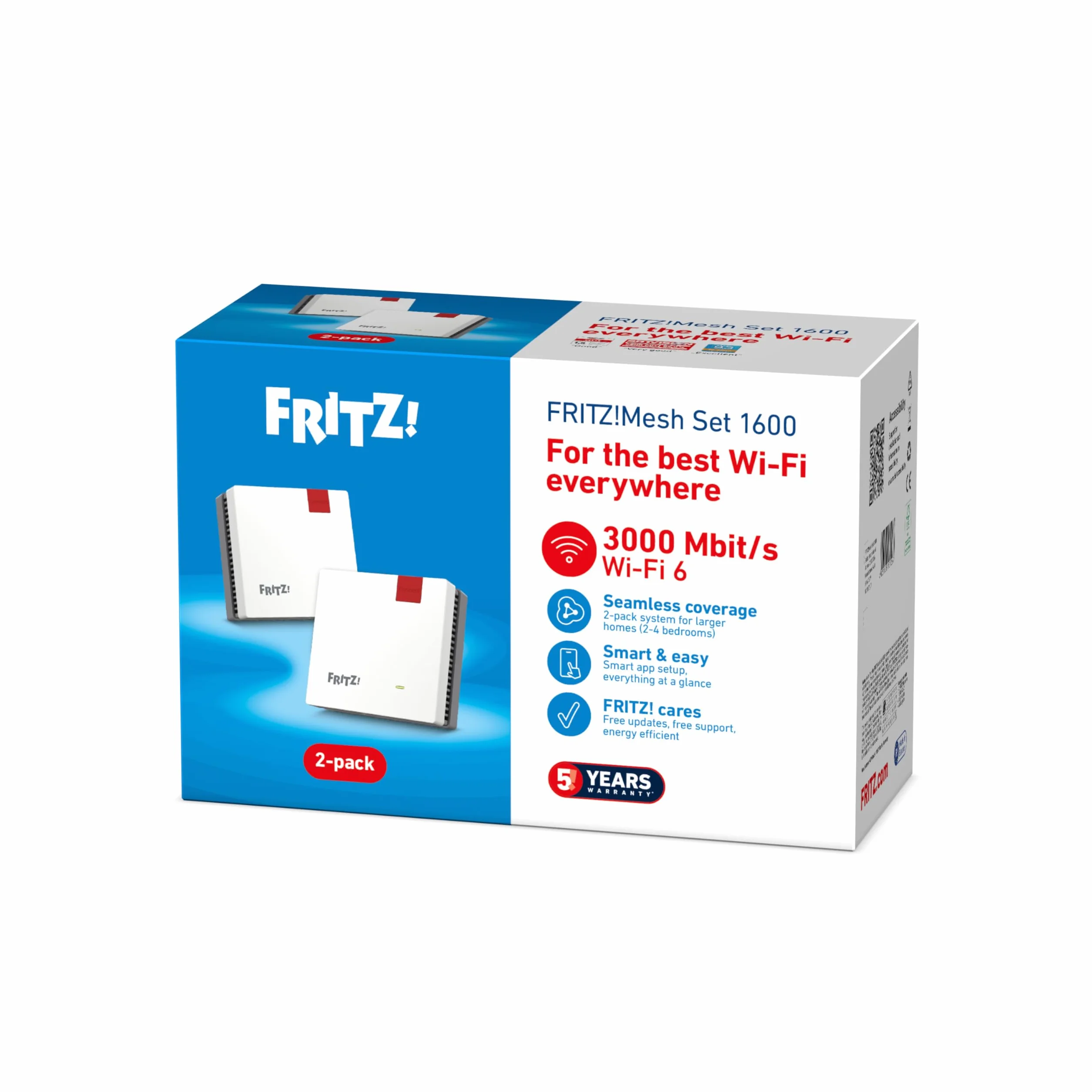 FRITZ!Mesh Set 1600 Lot de 2 | Wi-FI 6 Stable jusqu'à 3000 Mbit/s | Couverture Wi-FI pour 3 à 5 pièces | idéal pour routeurs Internet ou Modem Fibre (Ont) | Configuration Simple | Made in Europe | Wi-Fi bi-bande (2,4/5 GHz), idéal pour streaming, appels v