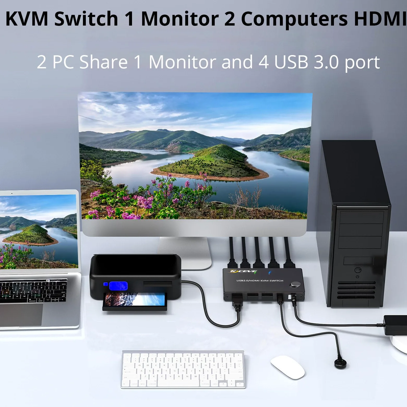 KCEVE Commutateur KVM 2 Ordinateurs 1 Moniteurs HDMI | Commutateur KVM HDMI 4K @ 60 Hz, USB 3.0 pour 2 ordinateurs, clavier et souris, télécommande filaire (4K HD 2 en 1 sortie)