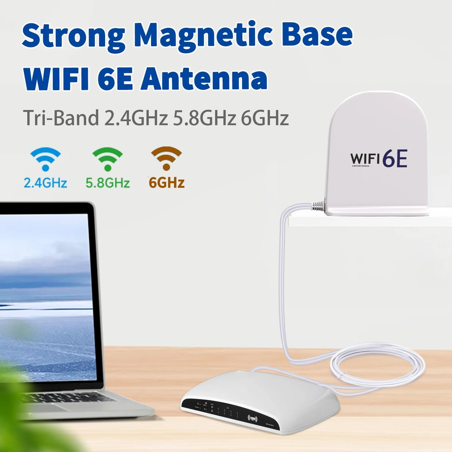 Bingfu Antenne WiFi 6E tri-bande 2,4 GHz 5 GHz 6 GHz MIMO RP-SMA mâle Base magnétique 8 dBi Antenne blanche avec câble de 2 m pour routeur WiFi, carte réseau sans fil, PC, carte mère PCI PCIe, caméra