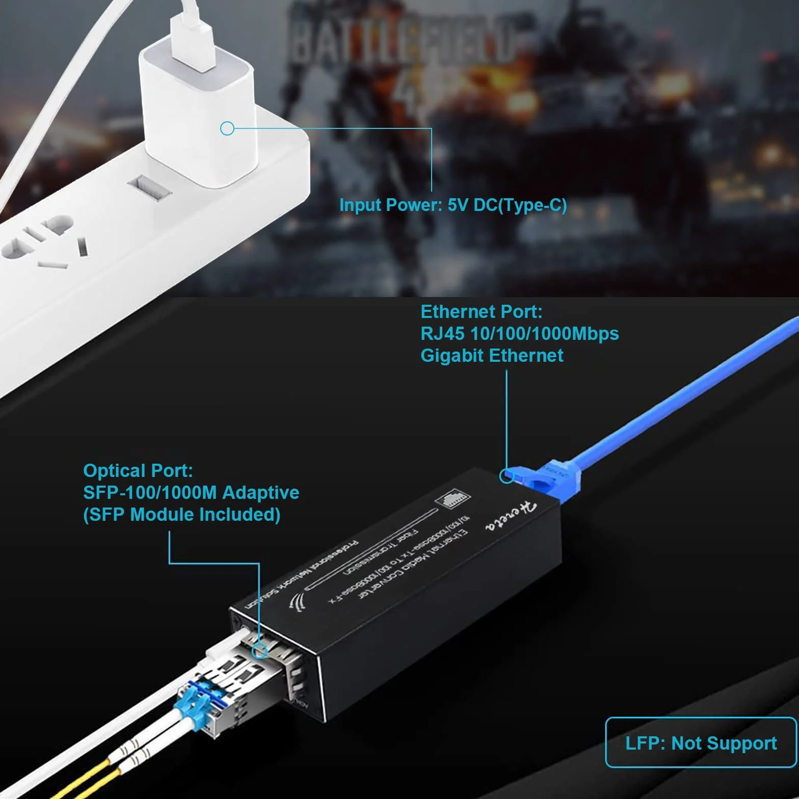 Convertisseur de média Gigabit Ethernet, Convertisseur de média à Fibre Optique avec 1,25G Monomode LC Double Fibre SFP Module, 10/100/1000M RJ45 à 1000Base-SX SFP, 1310nm, 20km