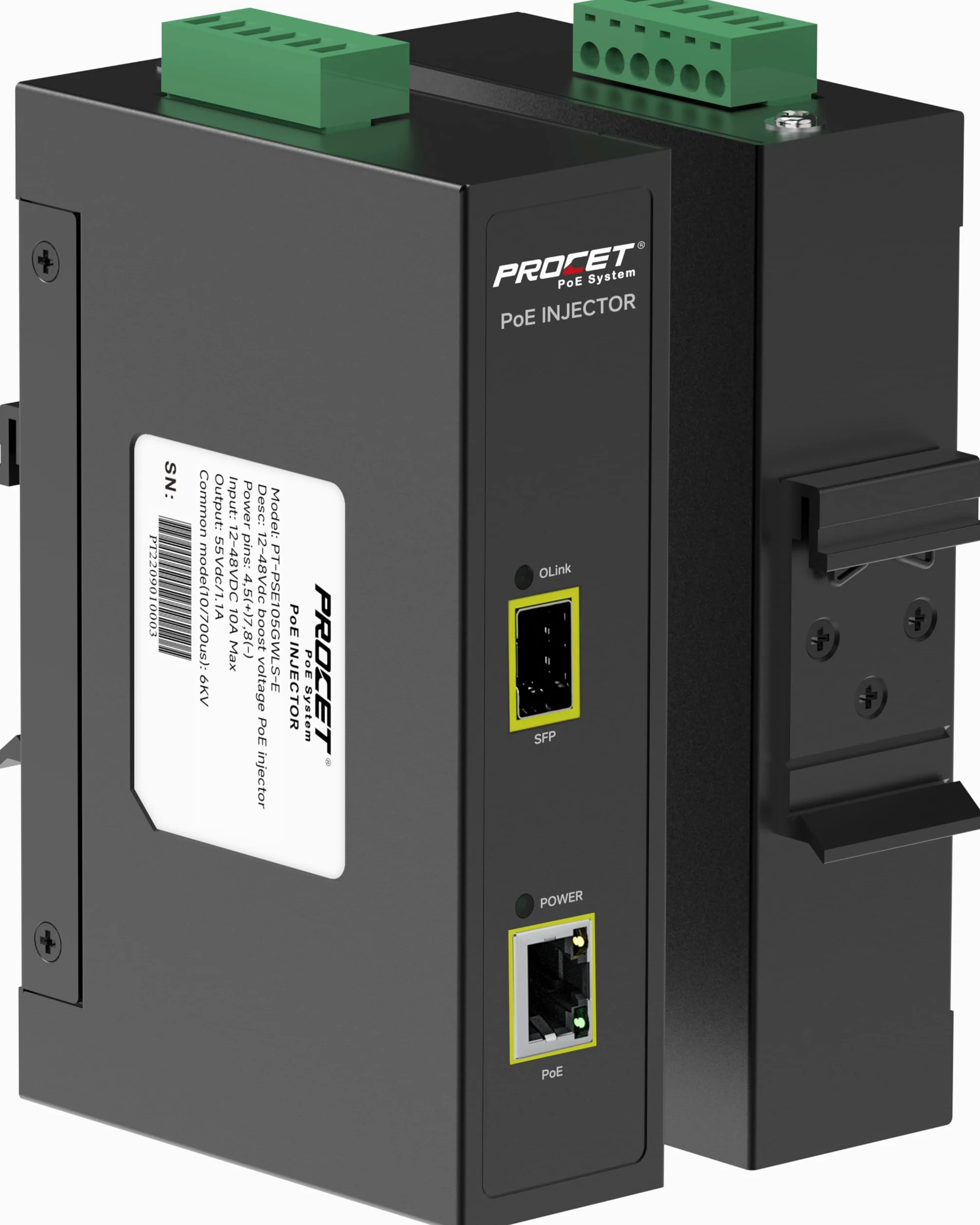 PROCET SFP Fiber PoE Injecteur DIN Rail IEEE802.3bt 60W Industrial Gigabit SFP/Uplink PoE++ Injecteur de puissance pour caméra IP, point d'accès, POS, kiosques
