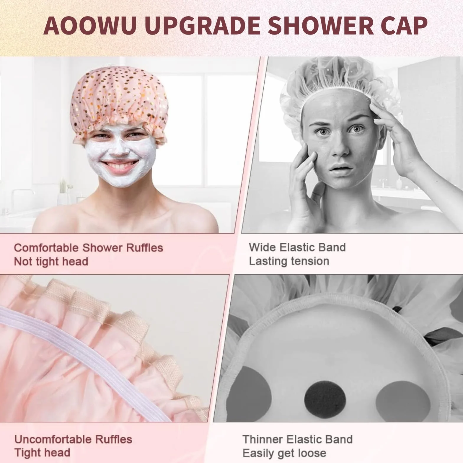 AOOWU Bonnet de Douche Étanche 2 Pièces Bonnets de Bain Réutilisables avec Bandes Élastiques