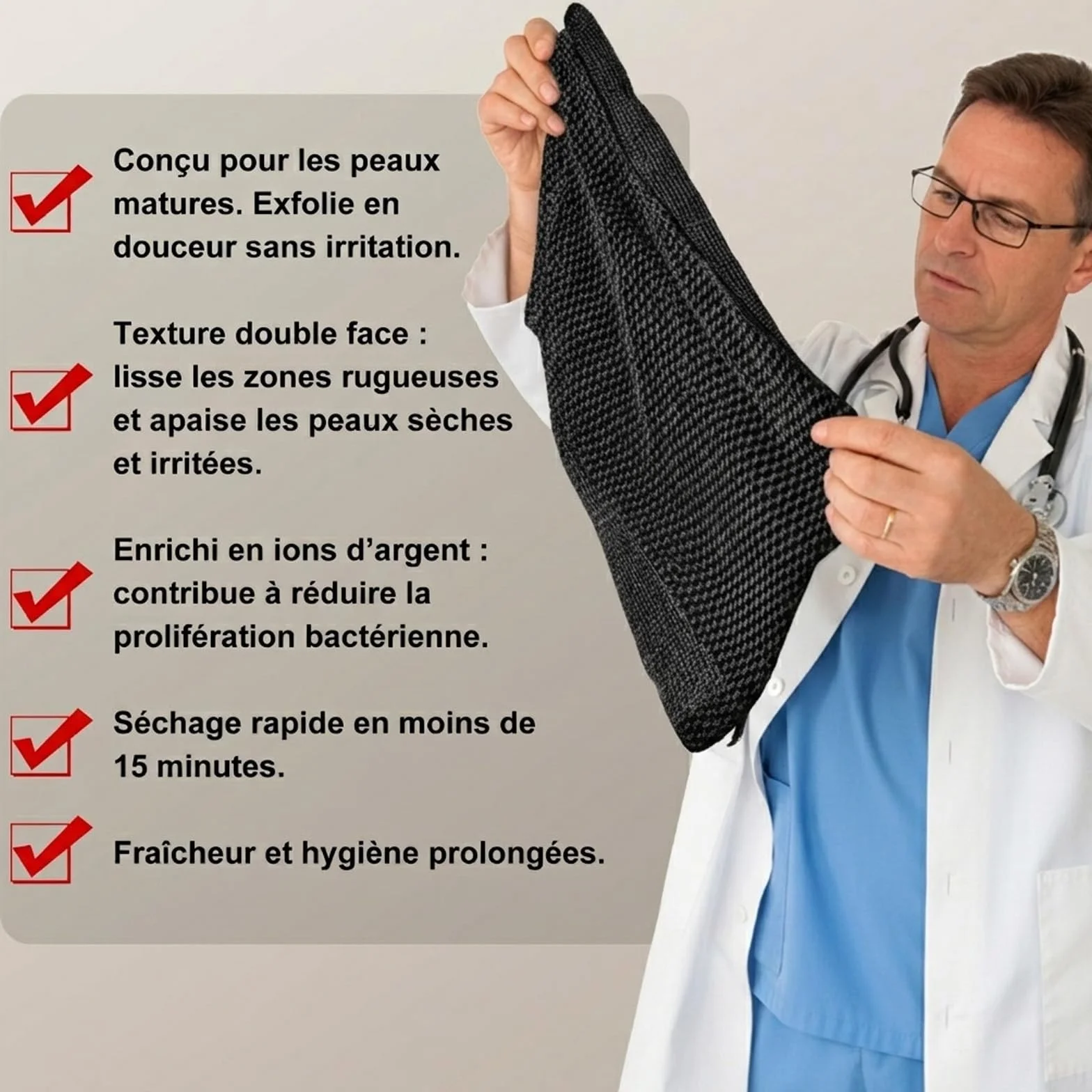 Serviette de Douche Exfoliante Ecovia Fibres de Bambou Charbon Actif Exfoliation Douce Séchage Rapide Noir