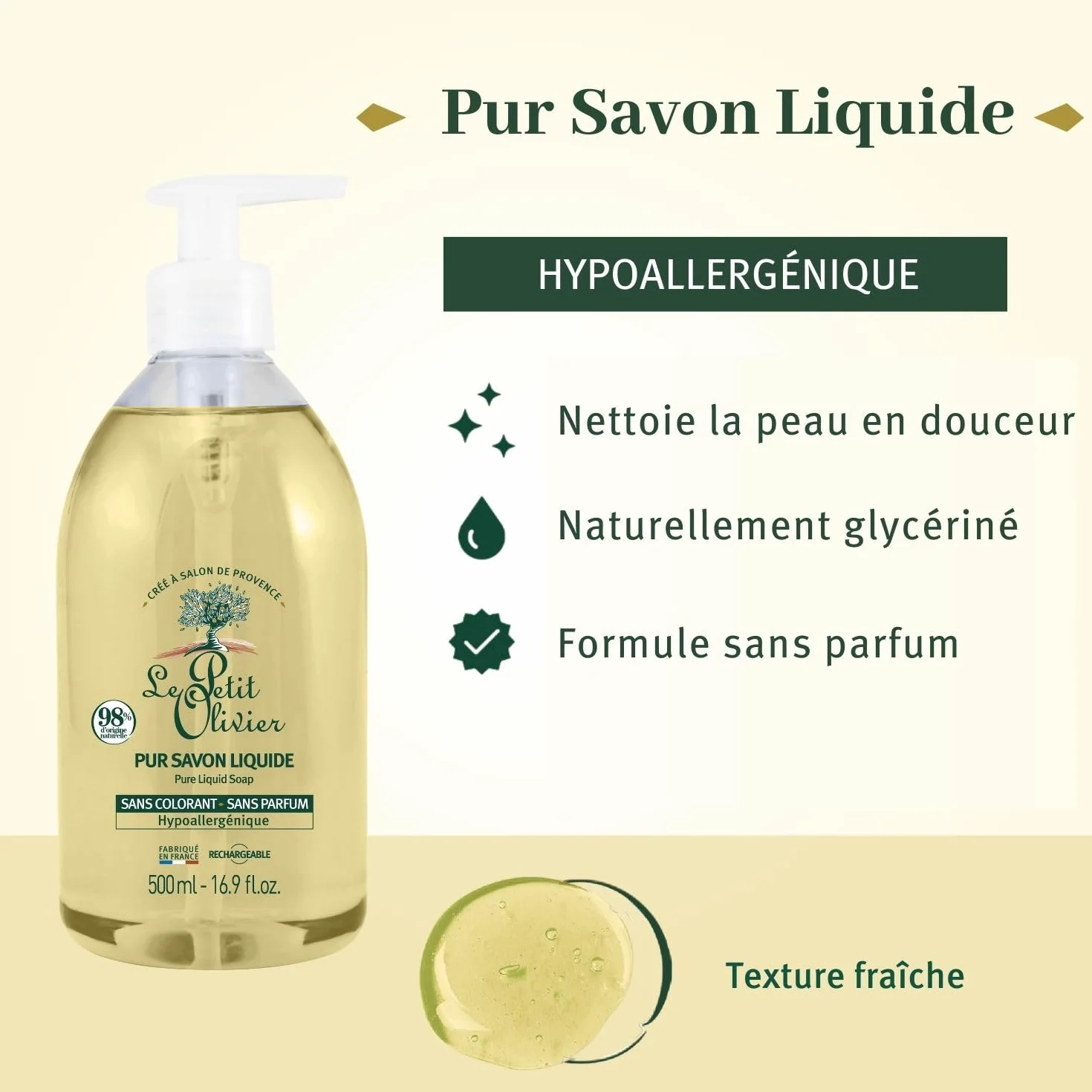 LE PETIT OLIVIER Pur Savon Liquide Hypoallergénique sans Parfum 500ml
