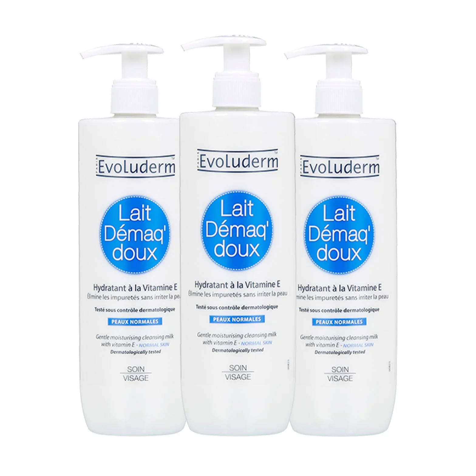 EVOLUDERM Lait Démaquillant Doux Hydratant 500 ml Lot de 3 x 500 ml Vegan Fabrication Française