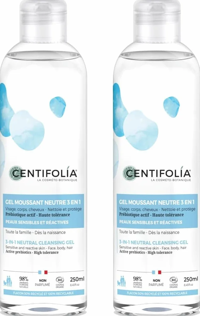 CENTIFOLIA Gel Moussant Neutre 3en1 Bio Visage Corps Cheveux Peaux Sensibles Réactives Prébiotique Actif Sans Parfum Lot de 2 x 250ML