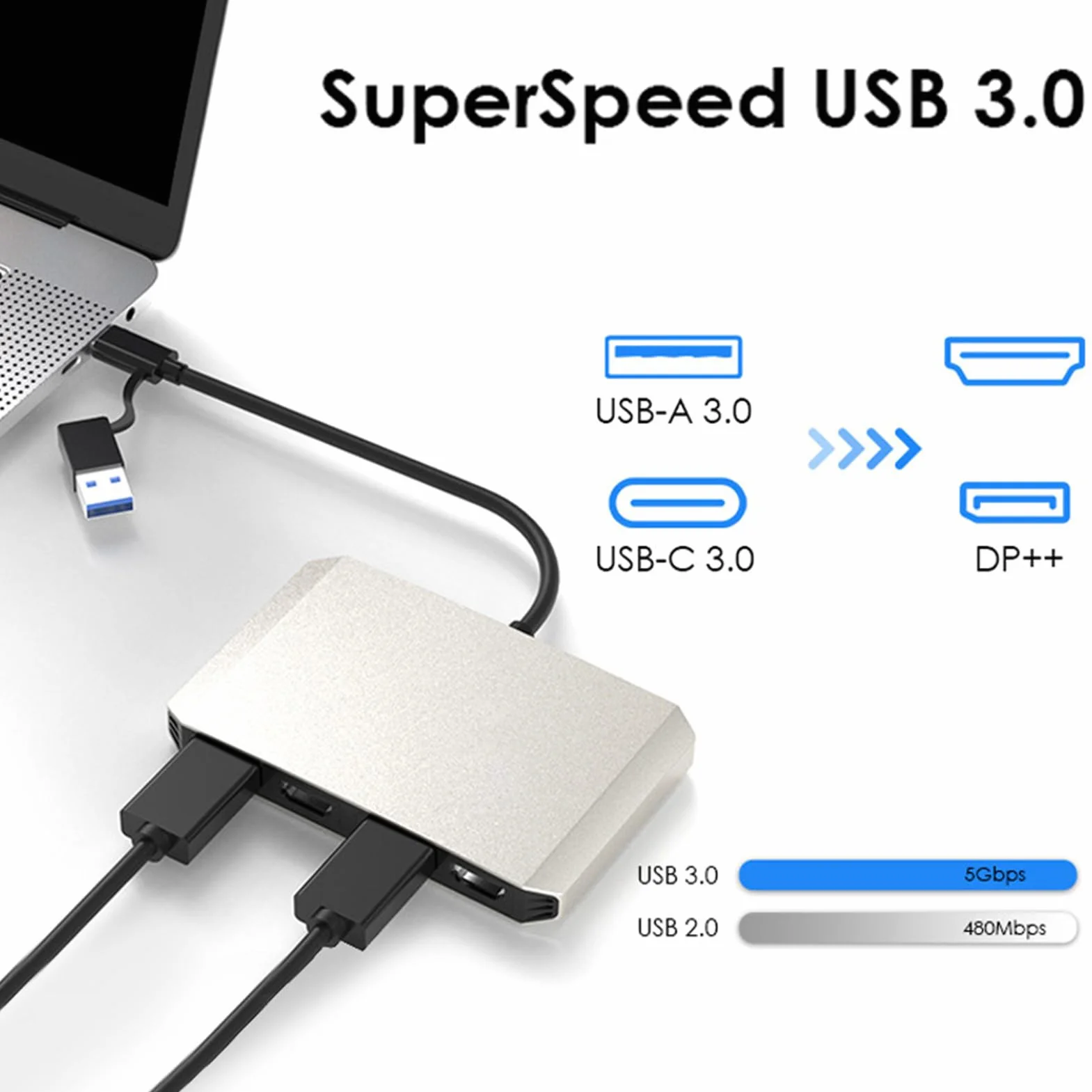 ASHATA USB C et USB 3.0 à Double Adaptateur HDMI DisplayPort 4K DisplayPort, Affichage D'affichage Splater étendu pour Double Moniteur 4K @ 60Hz Splitter, Alliage