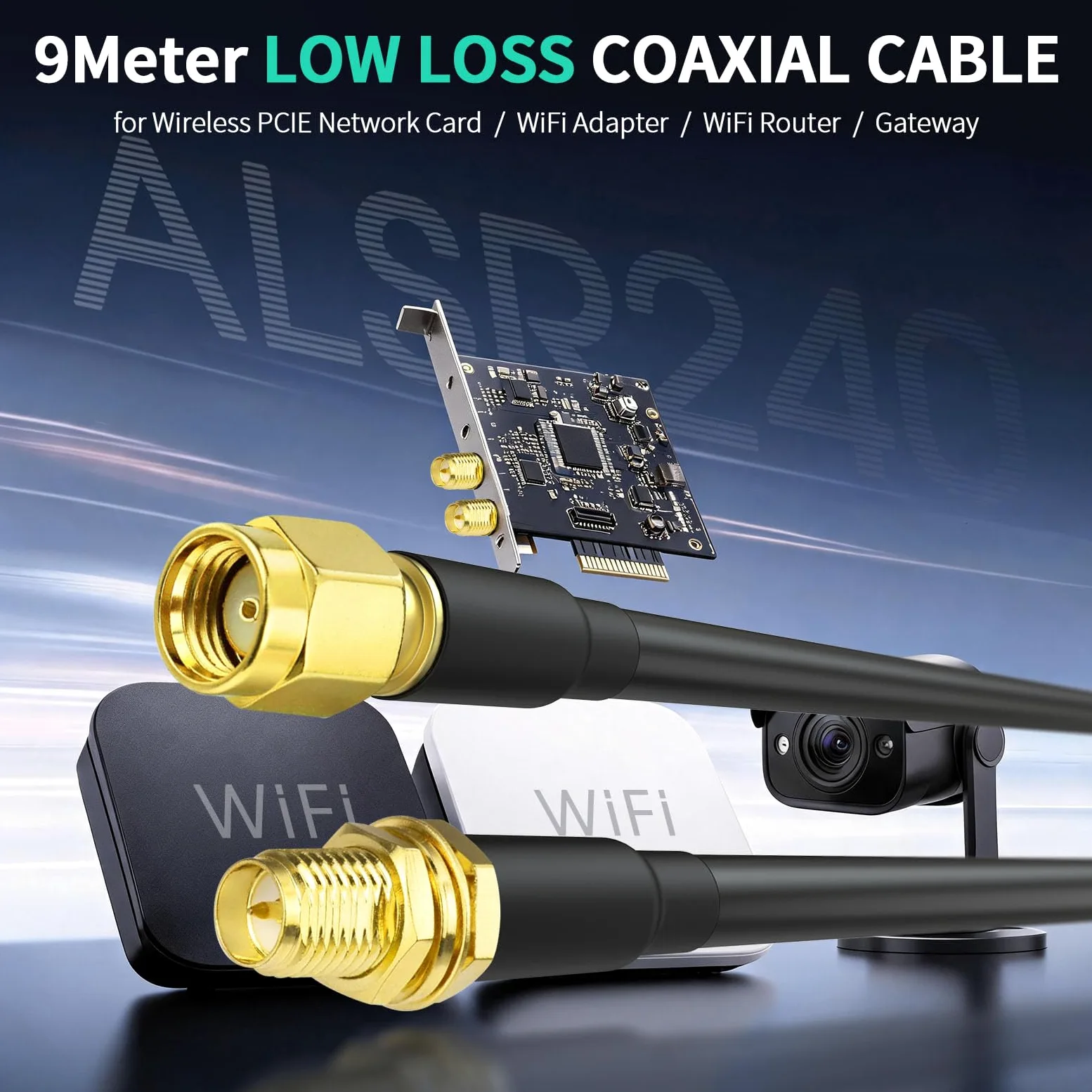 Bingfu Câble Rallonge Antenne WiFi RP-SMA Mâle à Femelle ALSR240 9 m | Câble Extension Coaxial Faible Perte 50 Ohm, pour Routeur WiFi 6E /7, Mineur Helium, Passerelle IoT, Point d'Accès Sans Fil