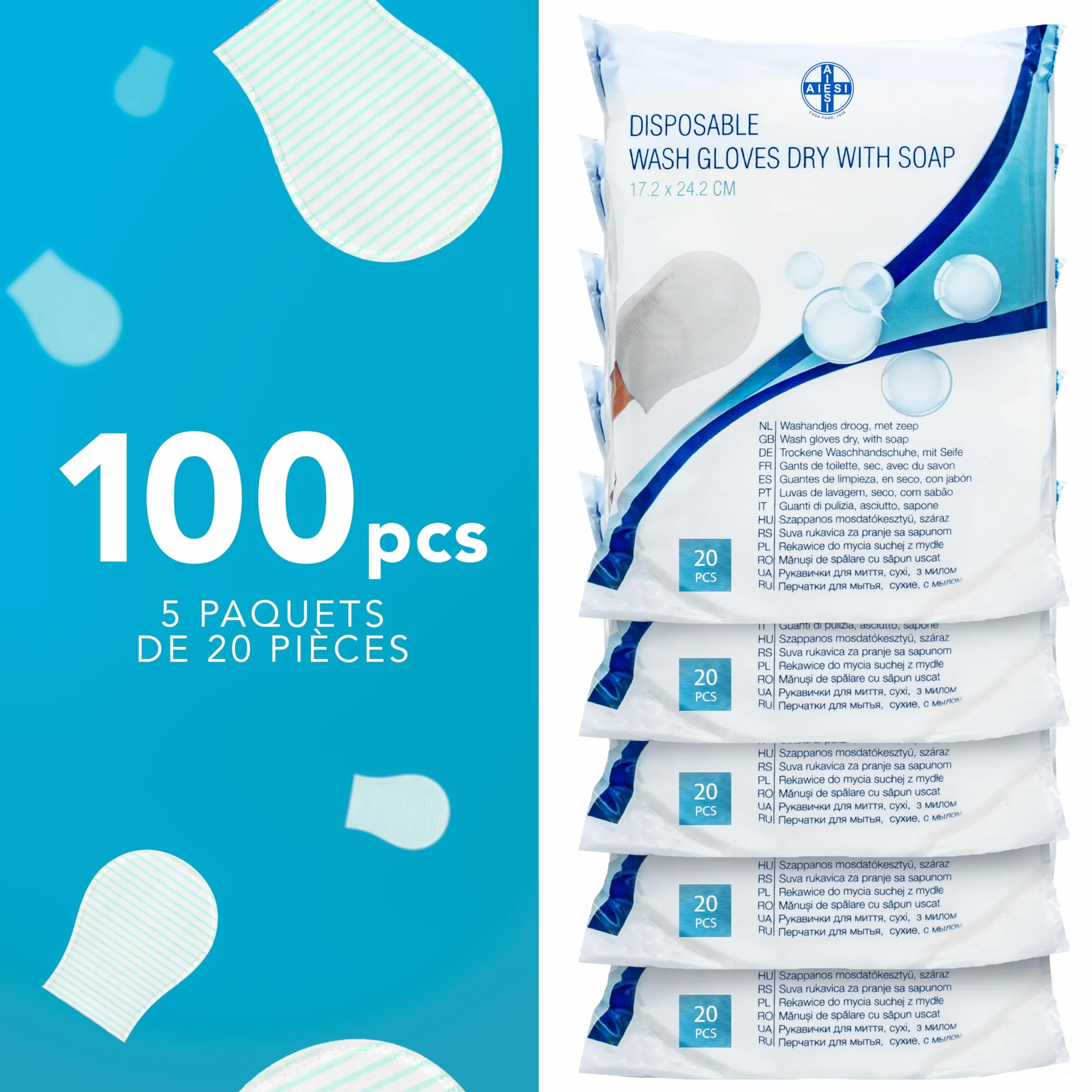 Gants de toilette jetables avec savon imperméable éponge douce Paquet de 100 pièces