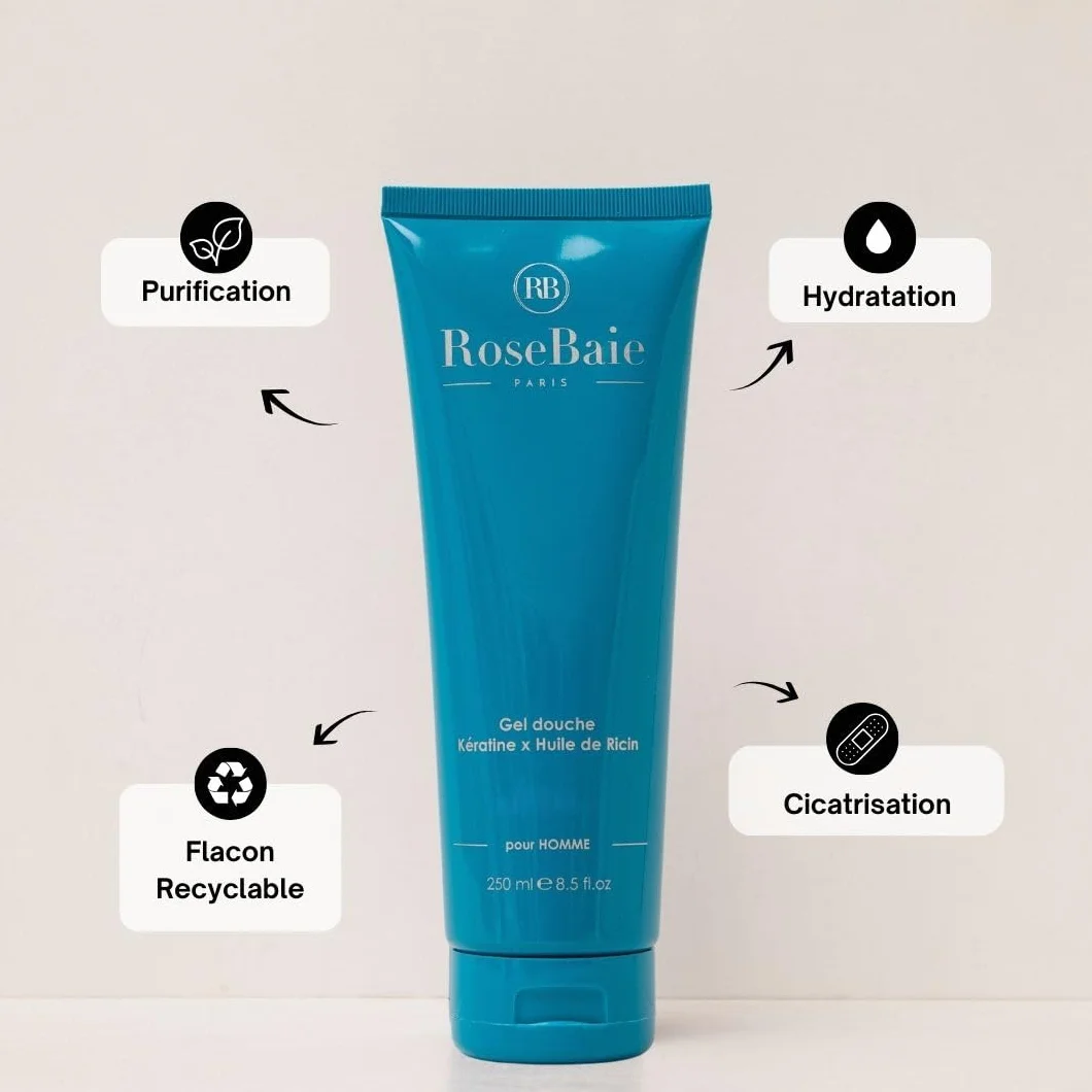 ROSEBAIE Duo Corps et Cheveux Ricin Kératine Probiotiques Shampoing Homme Antichute Antipelliculaire 250ml Gel Douche Fraîcheur Parfum Boisé 250ml