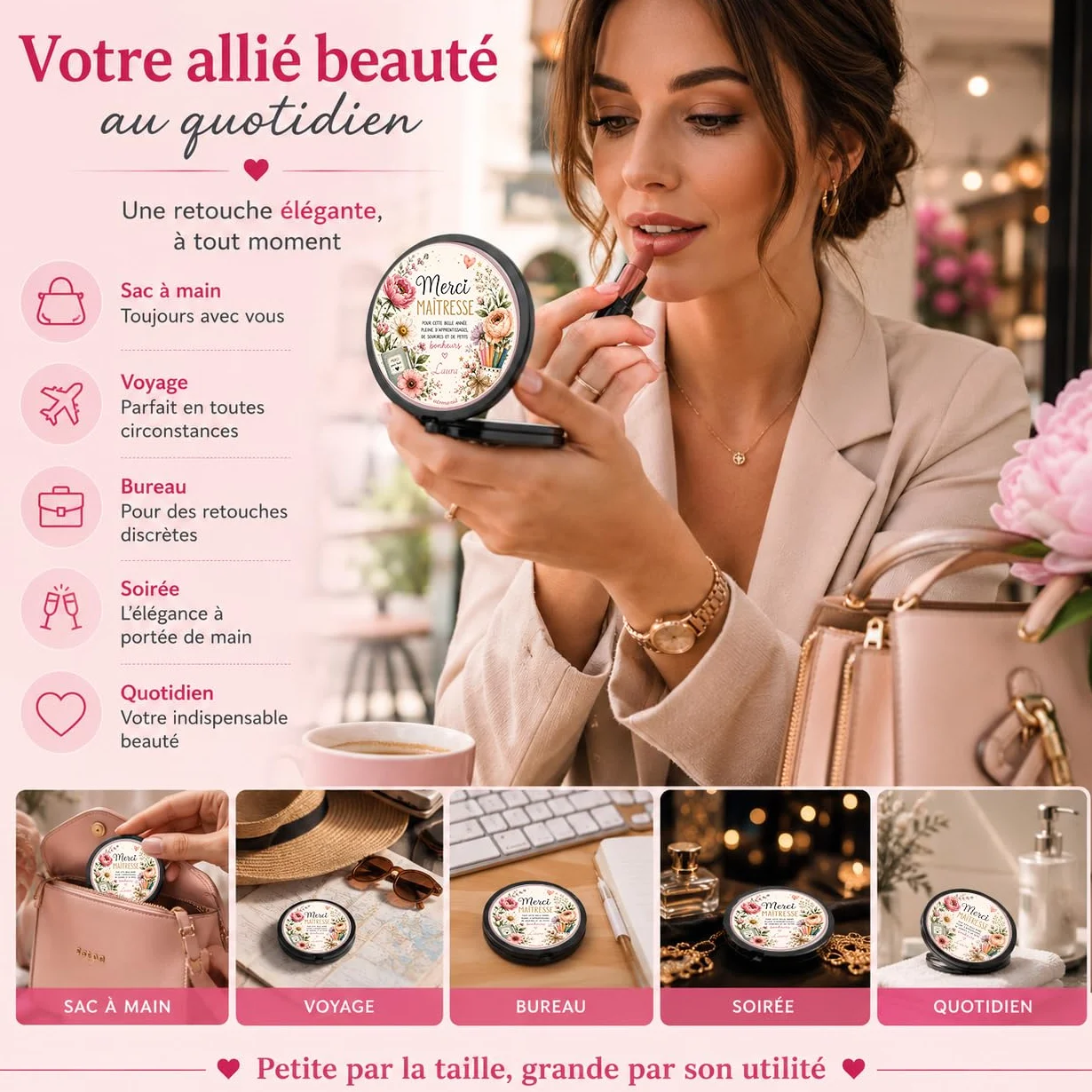 Miroir de Poche Personnalisé Merci Maîtresse – Cadeau Fin d'Année Scolaire – Miroir Compact