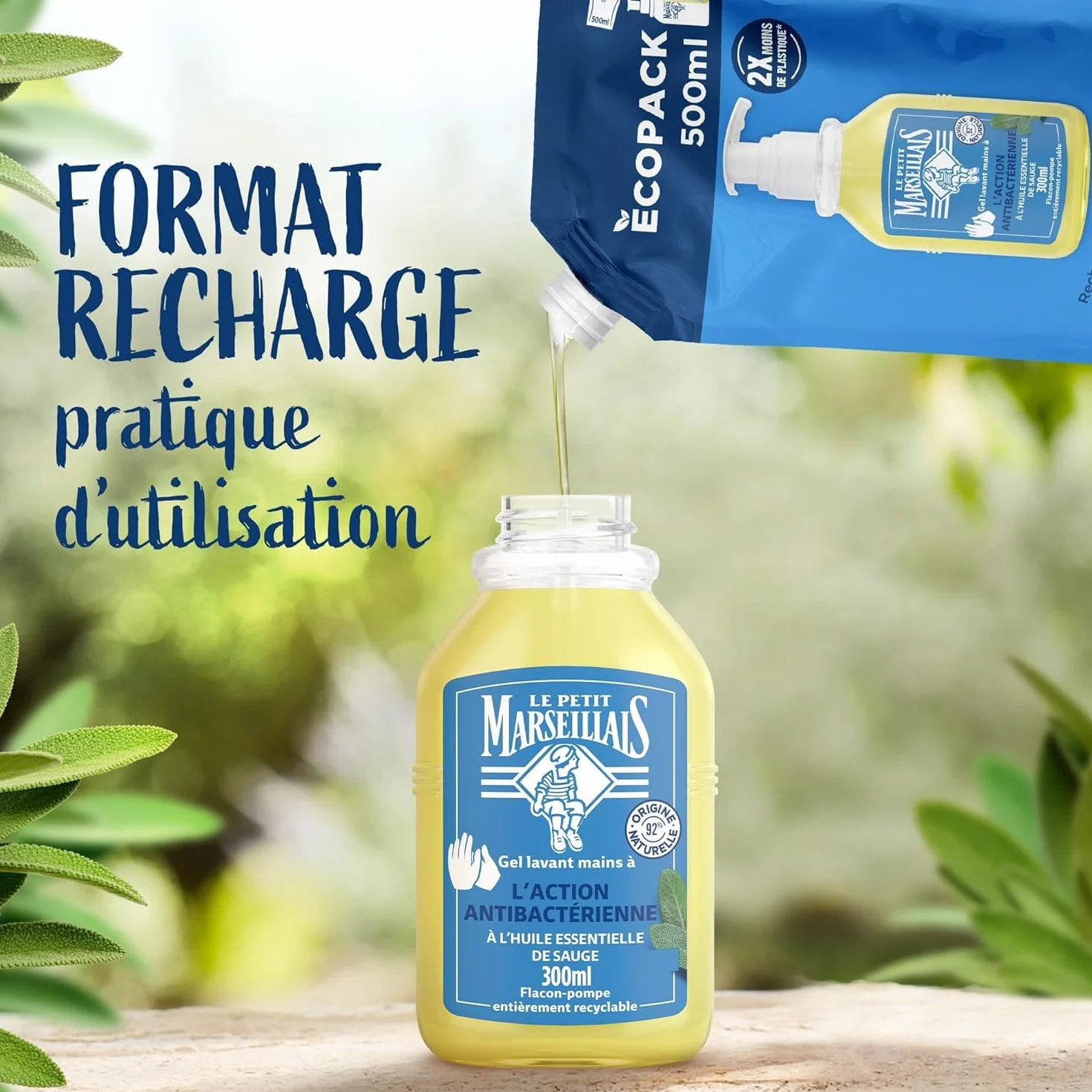 Le Petit Marseillais Recharge Gel Lavant Mains Antibactérien 500 ml – Savon Liquide pour Flacon-Pompe à l’Huile Essentielle de Sauge
