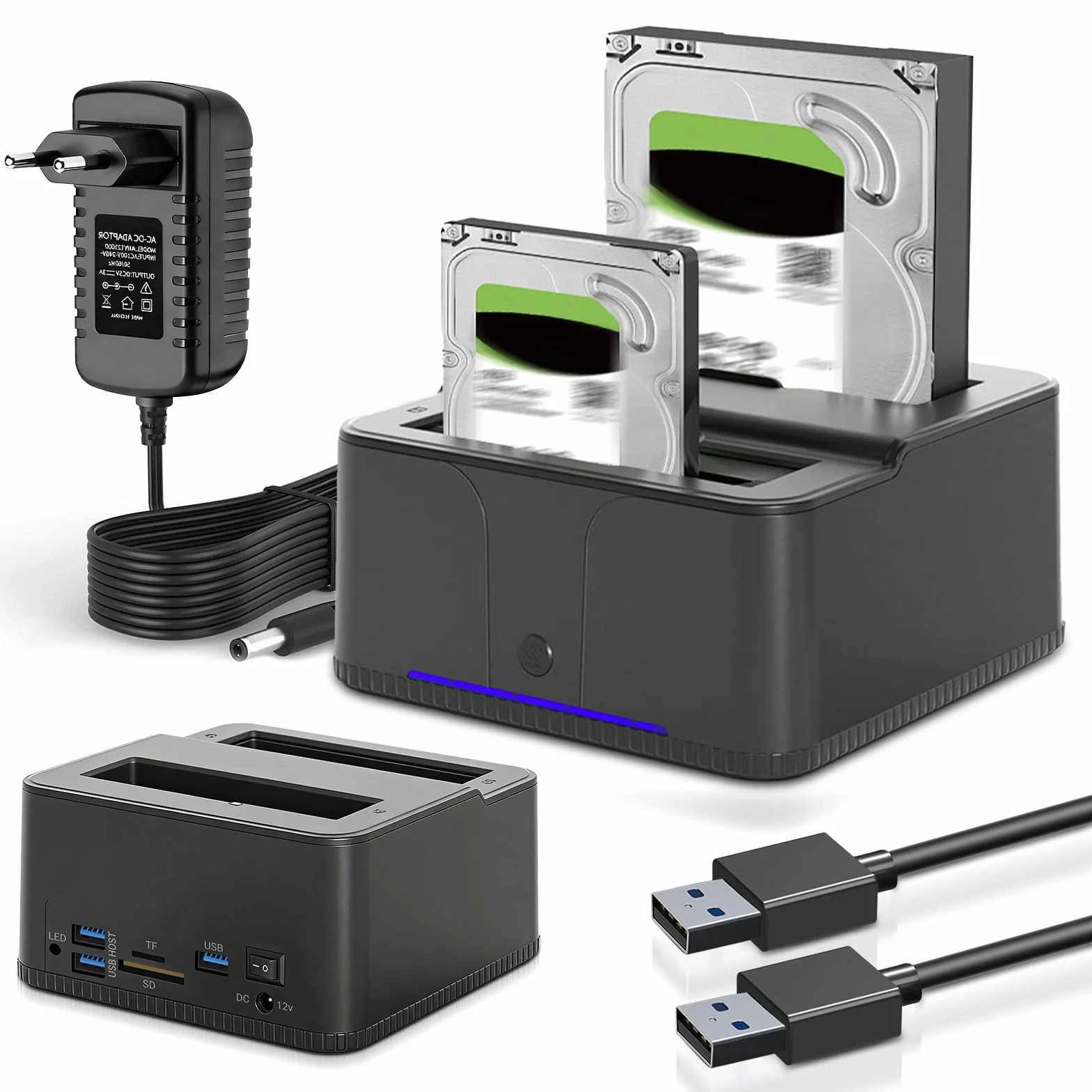 Station d'accueil pour Disque Dur USB 3.0, Double Baie 2.5/3.5 Pouces SATA HDD/SSD, 32 To avec Clone Hors Ligne
