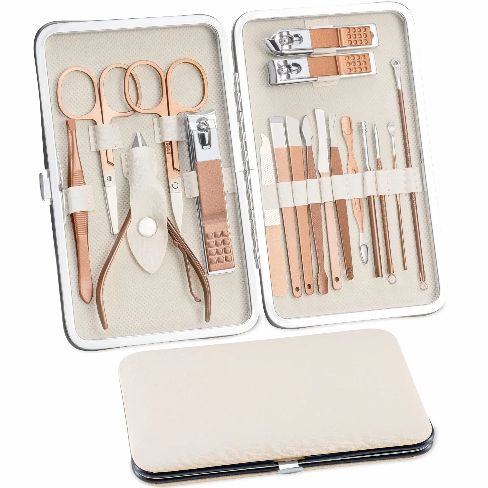 Kit de Manucure Pedicure 18 pièces, Acier Inox, Or Rose